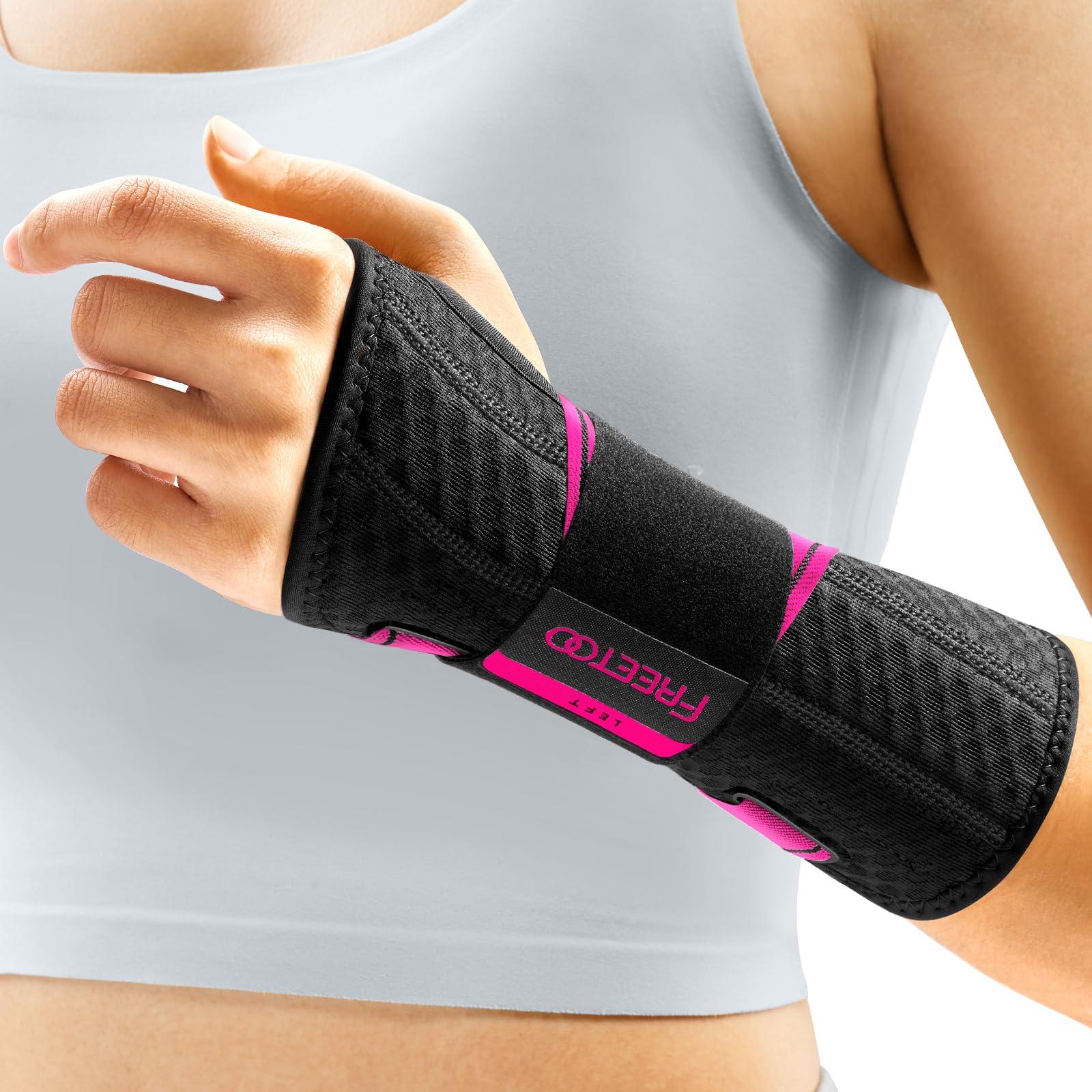 FREETOO Wrist Support Brace Left Hand for Tendonitis, Sprained Wrist, Pain Relief Wrist Splint for Carpal Tunnel, Arthritis, Fit Women and Men, Wrist Immobilizer for Sleeping (L/XL, Black/Pink)