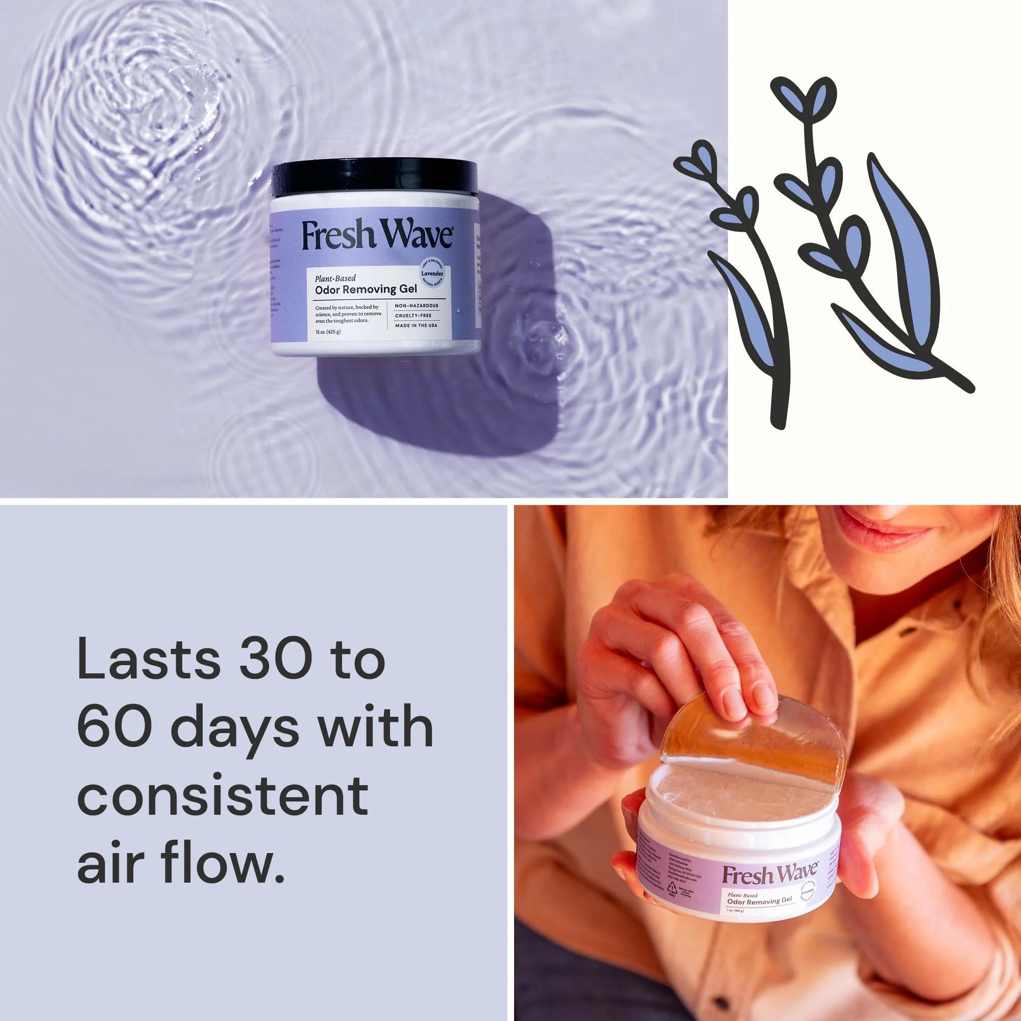 Fresh Wave Lavender Odor Removing Gel, 15 oz. & 7 oz.| Safer Odor Absorbers for Home | Natural Plant-Based Odor Eliminator | Every 7 oz. lasts 30-60 Days | For Cooking, Smoke, Trash & Pets - Image 7