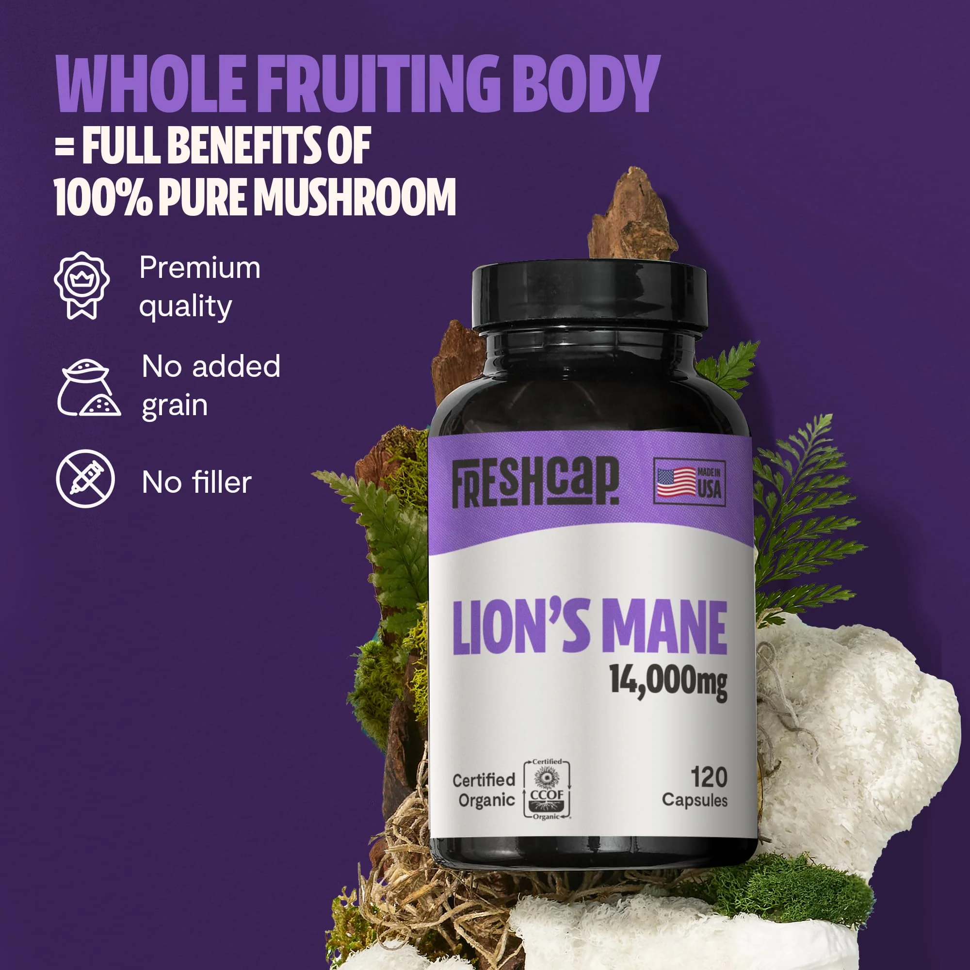 FreshCap Mushrooms Lions Mane Supplement Capsules 14,000mg - Lion's Mane, High Potency Extract, 14:1 Organic Mushroom Supplement, Ayurveda Focus Made in USA (120 Capsules) - Image 5