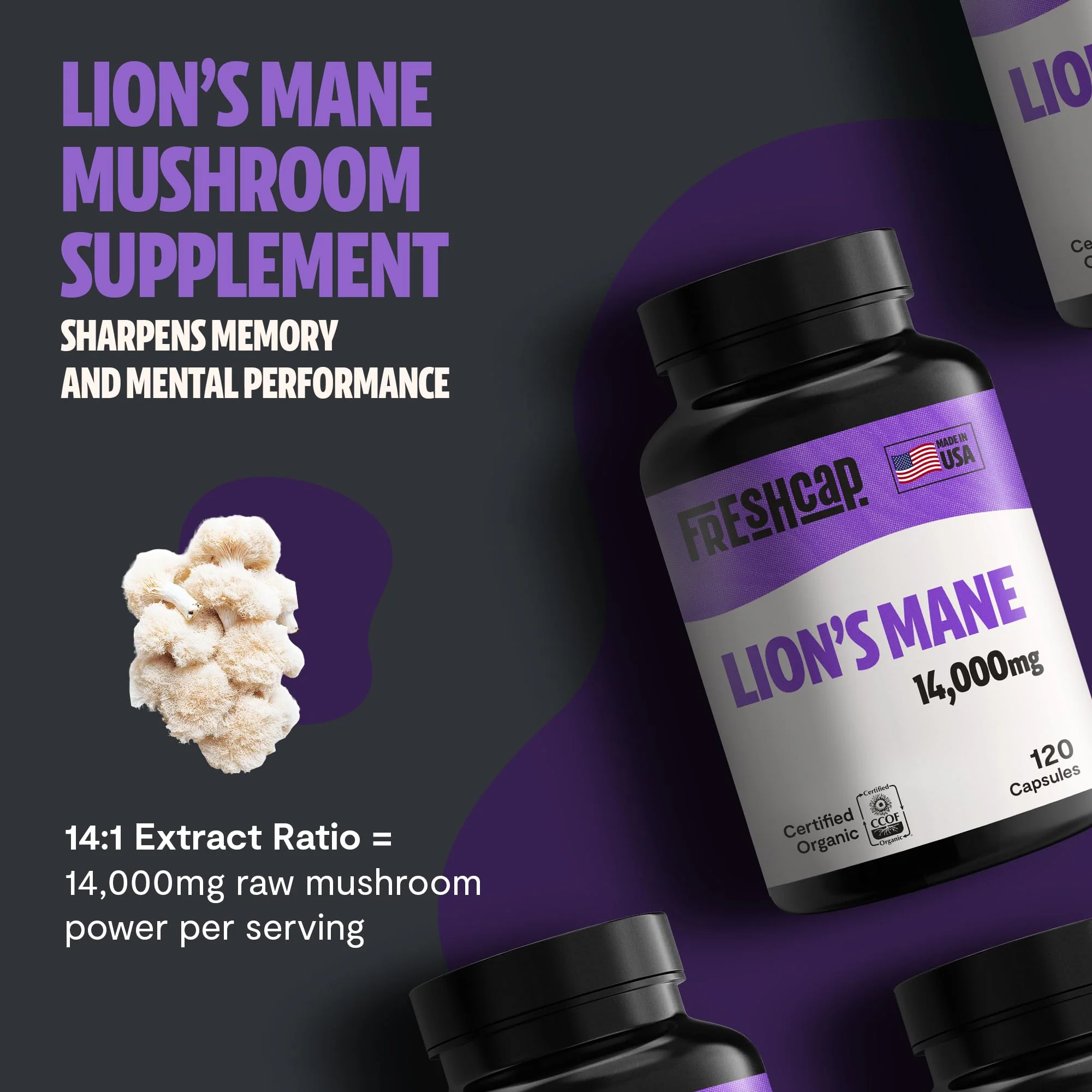 FreshCap Mushrooms Lions Mane Supplement Capsules 14,000mg - Lion's Mane, High Potency Extract, 14:1 Organic Mushroom Supplement, Ayurveda Focus Made in USA (120 Capsules) - Image 8