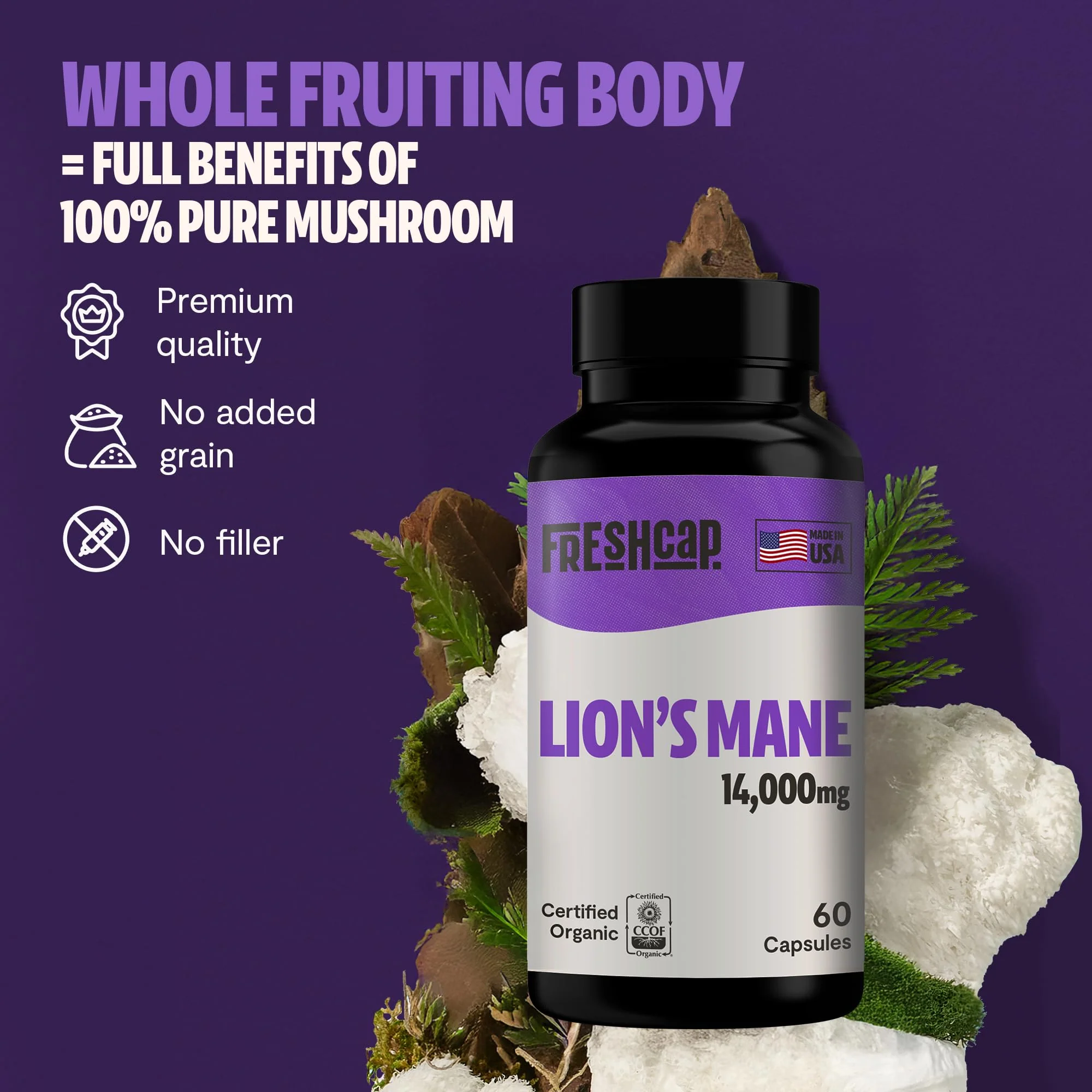 FreshCap Mushrooms Lions Mane Supplement Capsules 14,000mg - Lion's Mane, High Potency Extract, 14:1 Organic Mushroom Supplement, Ayurveda Focus Made in USA (60 Capsules) - Image 5