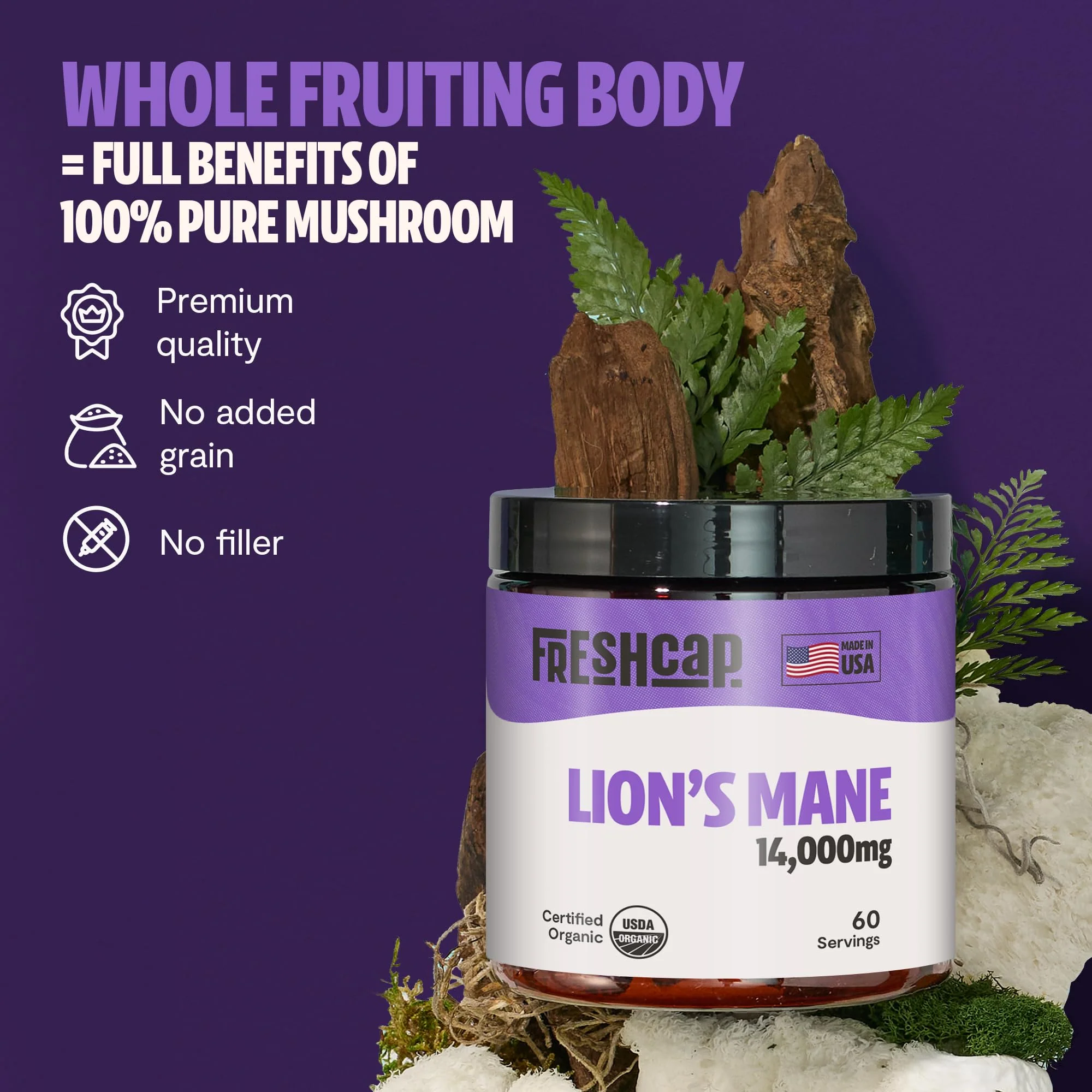 FreshCap Mushrooms Lions Mane Supplement Powder 14,000mg - Lions Mane Extract, Mushroom Supplement for Focus & Memory, Organic Lions Mane Powder (60 Servings) - Image 5