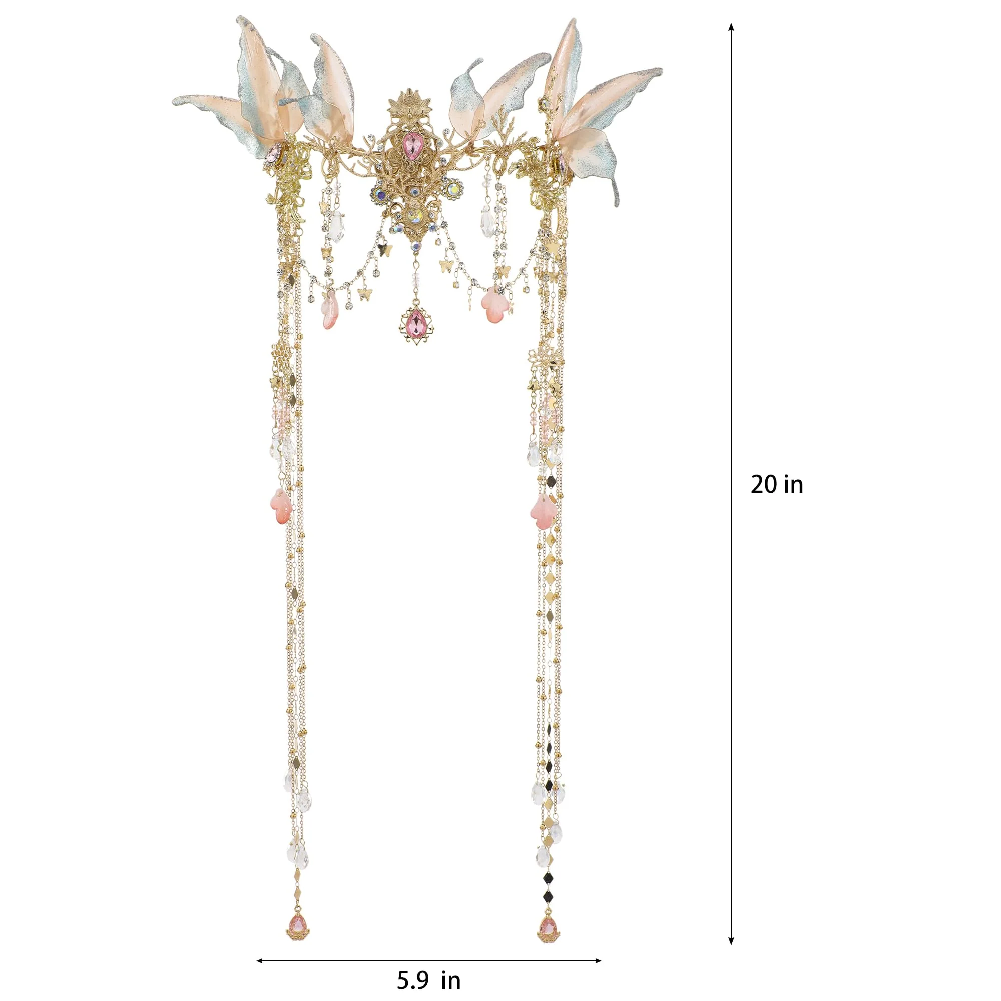 FRESHME Renaissance Butterfly Elf Fairy Crown - Fairy Headband with Pink Butterfly Wings Elf Headpiece with Tassel Elven Tiara Wedding Renfaire Dress Up Cosplay Christmas Accessories for Women - Image 2