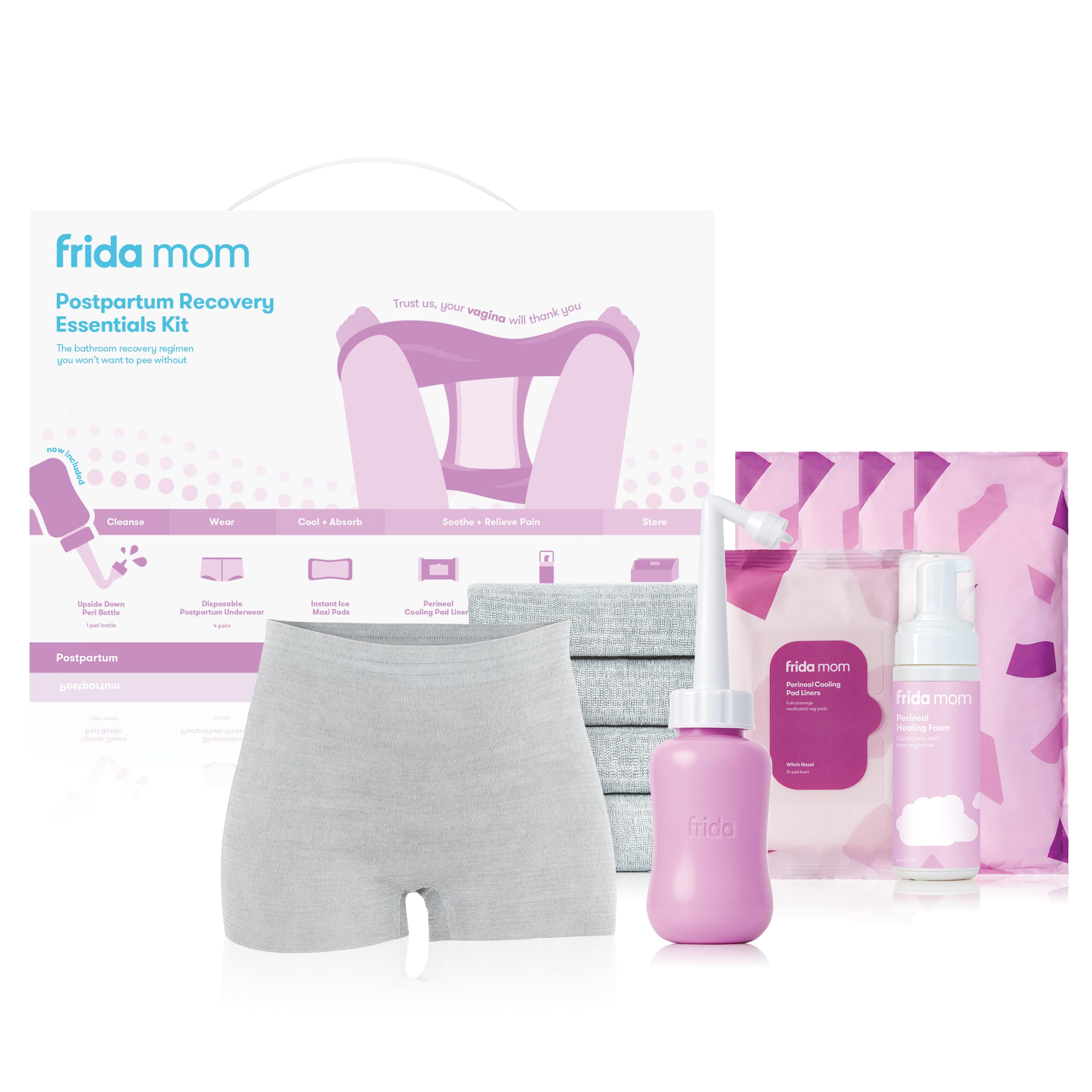 Frida Mom 11pc Postpartum Essentials Kit Gift Set, Hospital Bag Must Haves for New Mom, Includes 4 Disposable Postpartum Underwear, 4 Ice Maxi Pads, Perineal Healing Foam & 24 Pad Liners & Peri Bottle