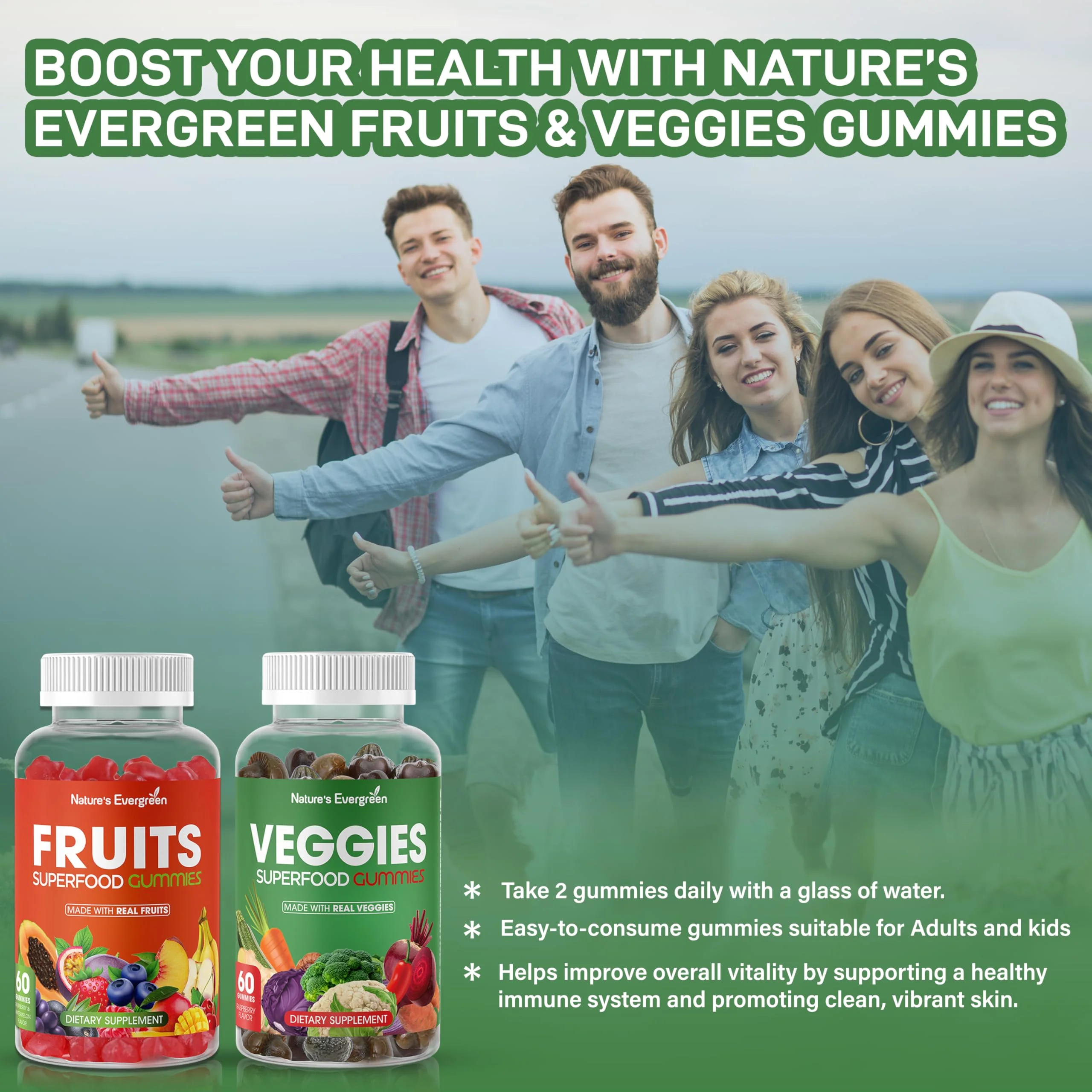 Fruits and Veggies Superfood Gummies Supplement - Fruits and Vegetables Gummy - Nature Vitamins Nutritional Balance, Vegan, Non-GMO, Gluten-Free - (Total 120 Gummies - Pack of 2) Made in USA - Image 2