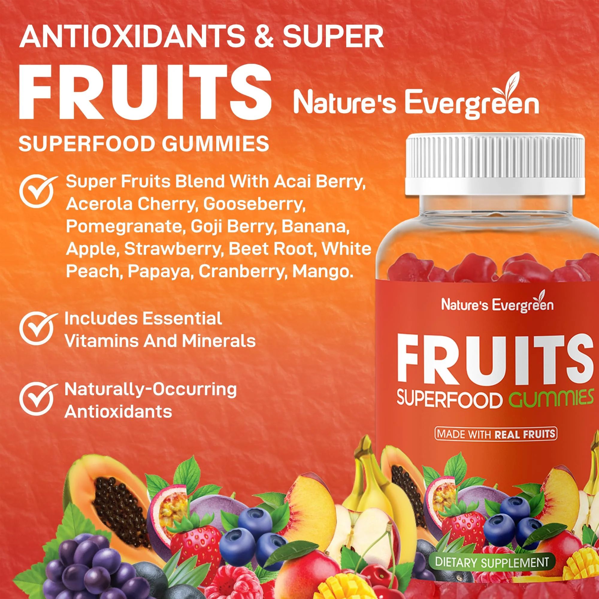 Fruits and Veggies Superfood Gummies Supplement - Fruits and Vegetables Gummy - Nature Vitamins Nutritional Balance, Vegan, Non-GMO, Gluten-Free - (Total 120 Gummies - Pack of 2) Made in USA - Image 5