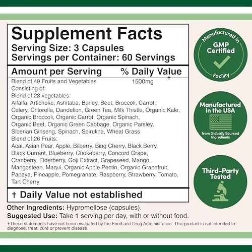 Fruits and Veggies Supplement (Daily Blend of 49 Different Fruits and Vegetables, 23 Veggies and 29 Fruits) 1,500mg Servings, 180 Capsules (No Fillers, Vegan Safe, Non-GMO) by Double Wood - Image 5