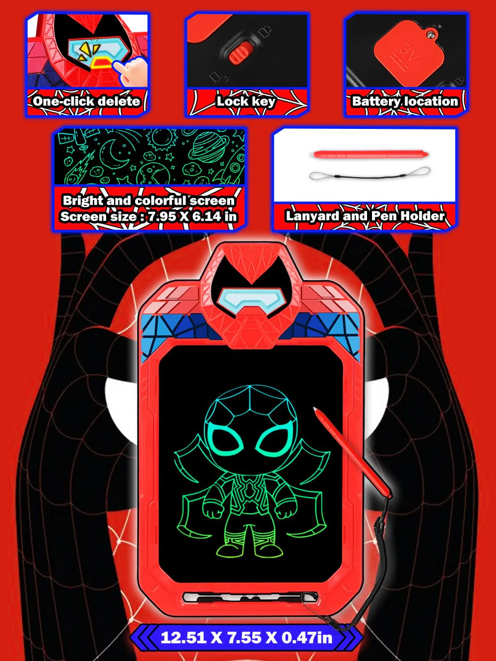Fullware LCD Writing Tablet for Kids 10 Inch Spider Hero for Toddler 3 4 5 6 7 8 - Paint, Doodle Board, Drawing Pad - Travel Toys, Road Trip Car Activities, Birthday Christmas Gift Boys & Man - Image 5