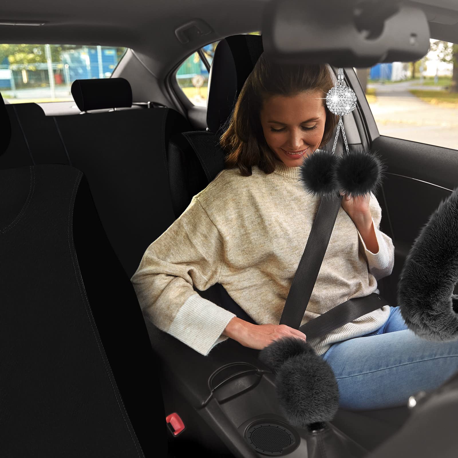 Fulmoon 17 Pcs Car Seat Cover Full Set for Women Fluffy Fuzzy Car Accessories Christmas Front Rear Steering Wheel Fleece Handbrake Shift Covers Hanging Accessory Holder Ring Emblem(Black) - Image 2