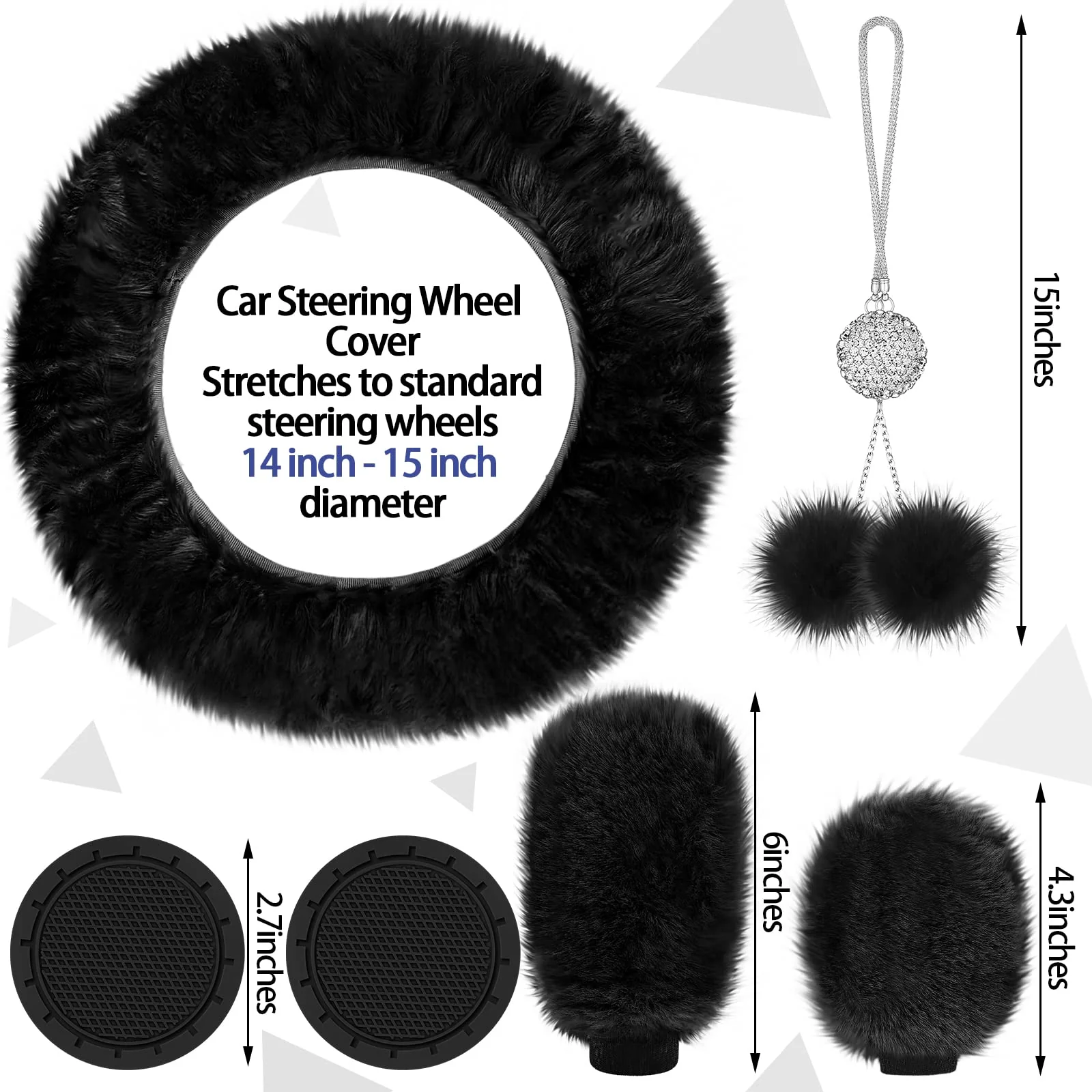 Fulmoon 17 Pcs Car Seat Cover Full Set for Women Fluffy Fuzzy Car Accessories Christmas Front Rear Steering Wheel Fleece Handbrake Shift Covers Hanging Accessory Holder Ring Emblem(Black) - Image 4