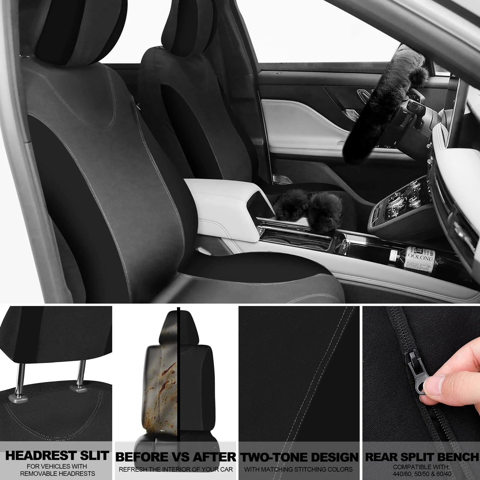 Fulmoon 17 Pcs Car Seat Cover Full Set for Women Fluffy Fuzzy Car Accessories Christmas Front Rear Steering Wheel Fleece Handbrake Shift Covers Hanging Accessory Holder Ring Emblem(Black) - Image 5