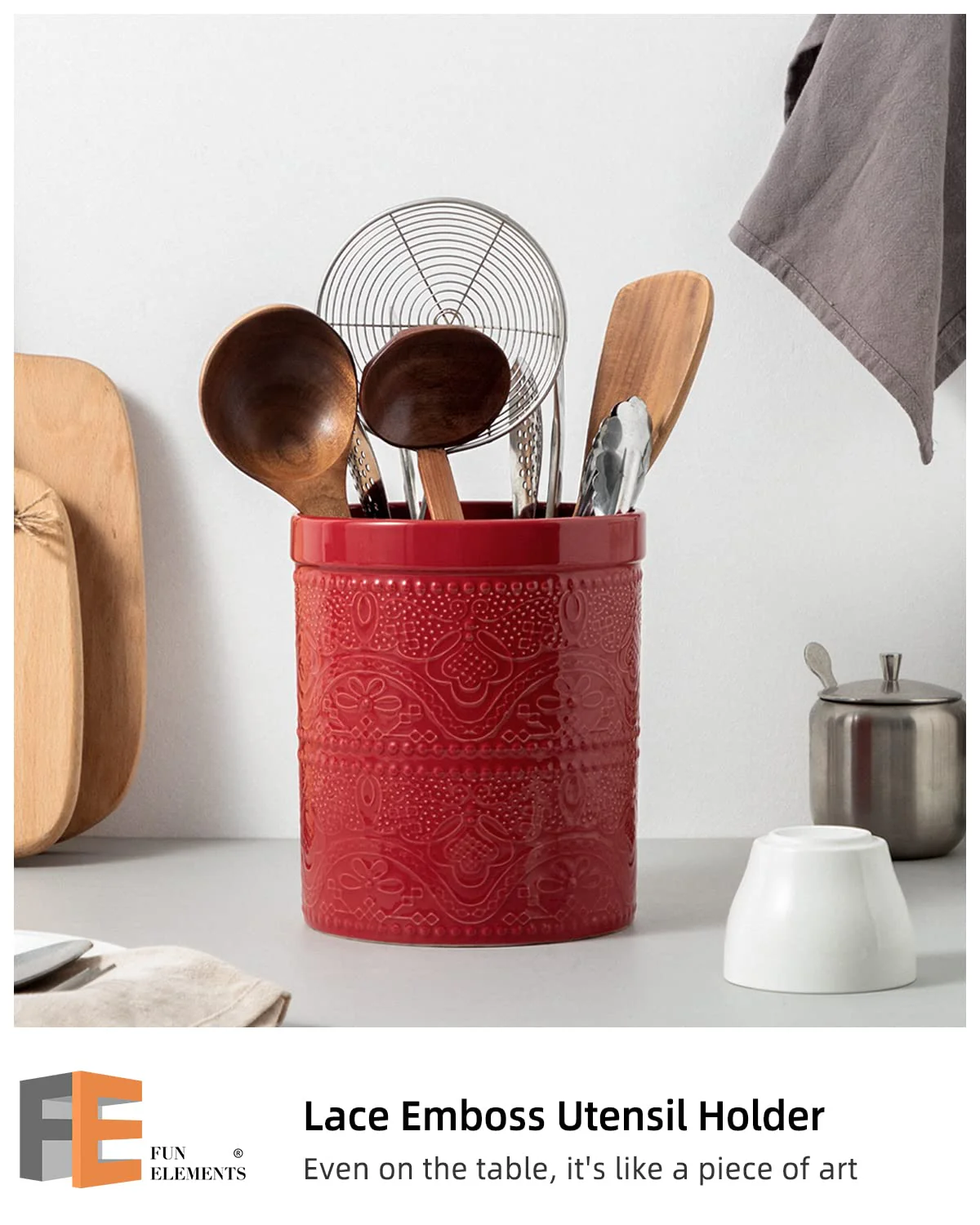 FUN ELEMENTS Kitchen Utensil Holder, 7.2" Super Large Utensil Crock Heavy and Stable Lace Emboss Ceramic Utensil Holder for Kitchen Counter (Christmas Red) - Image 5