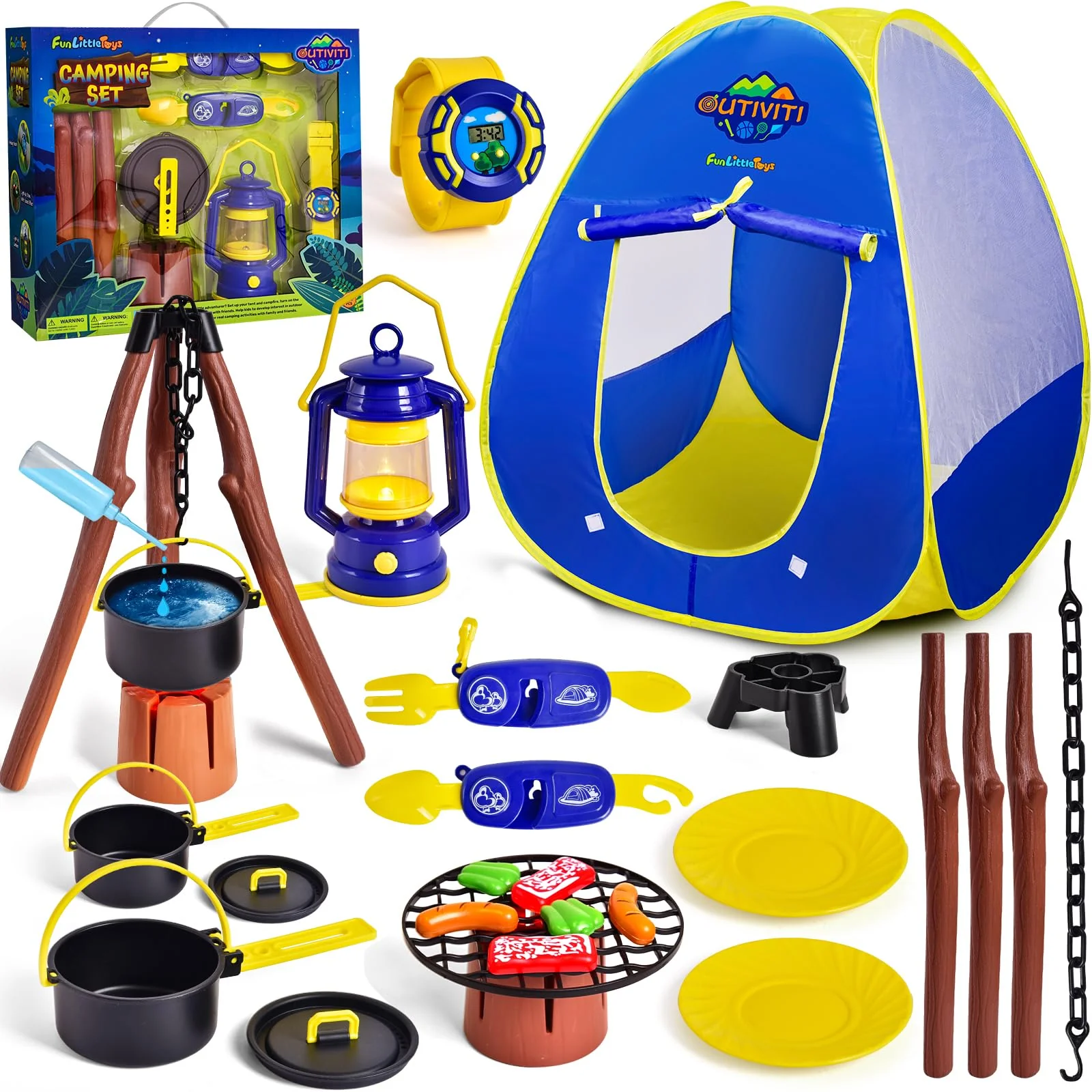 FUN LITTLE TOYS Kids Play Tent with Camping Toys, Toddler Tent with Battery Lantern, Kids Pop Up Tent Indoor Outdoor Toys Christmas Birthday Gifts for Boys - Image 2