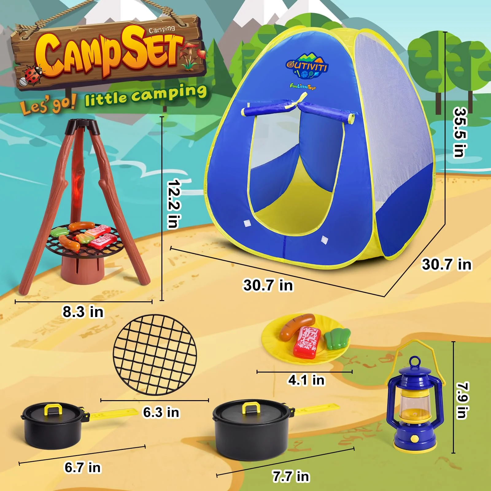FUN LITTLE TOYS Kids Play Tent with Camping Toys, Toddler Tent with Battery Lantern, Kids Pop Up Tent Indoor Outdoor Toys Christmas Birthday Gifts for Boys - Image 6