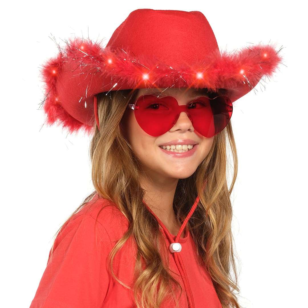 Funcredible Santa Light Up Cowboy Hat and Glasses - Christmas Cowgirl Hat - Feather Led Red Hats - Xmas Cowgirl Outfits for Women - Image 2