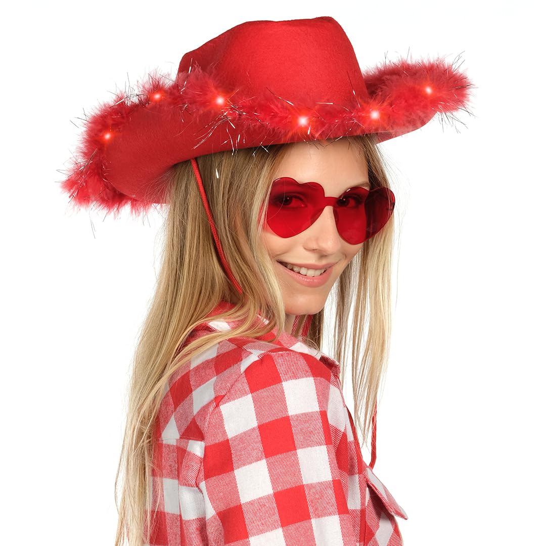 Funcredible Santa Light Up Cowboy Hat and Glasses - Christmas Cowgirl Hat - Feather Led Red Hats - Xmas Cowgirl Outfits for Women - Image 3