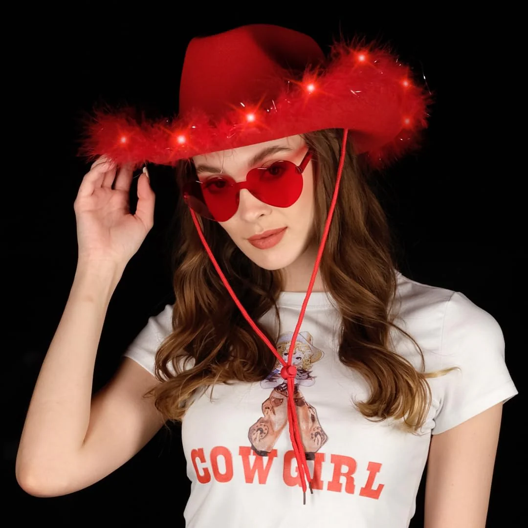 Funcredible Santa Light Up Cowboy Hat and Glasses - Christmas Cowgirl Hat - Feather Led Red Hats - Xmas Cowgirl Outfits for Women - Image 4
