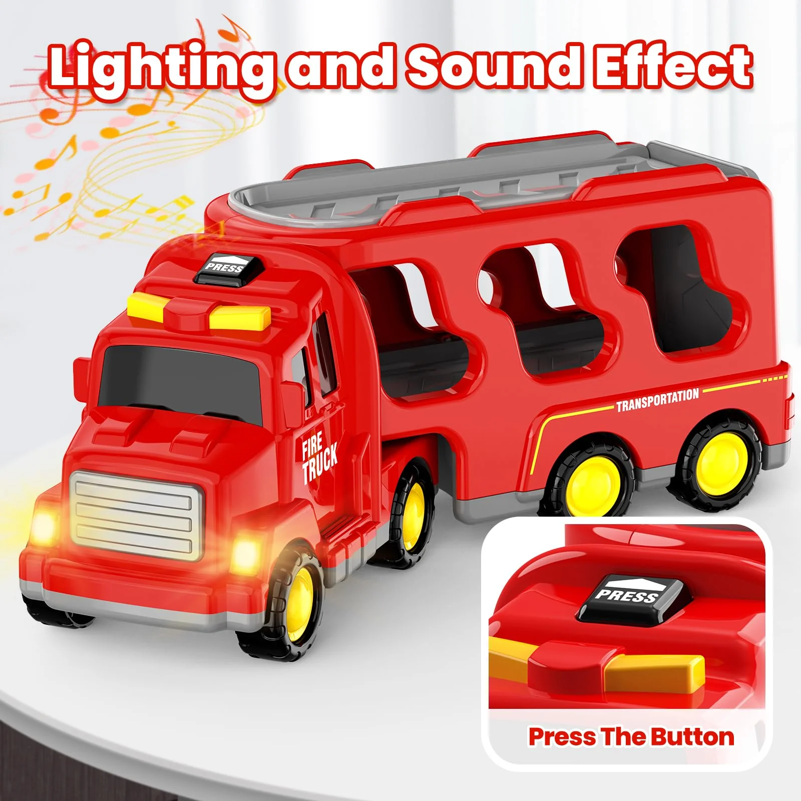 FunMission Toddlers Fire Truck for Kids 3-9 Year Old，5 in 1 Friction Power Vehicle Car for 3 4 5 6 7 Years Old Boys Girls，Carrier Truck Transport Toys for Christmas and Birthday Gifts - Image 2