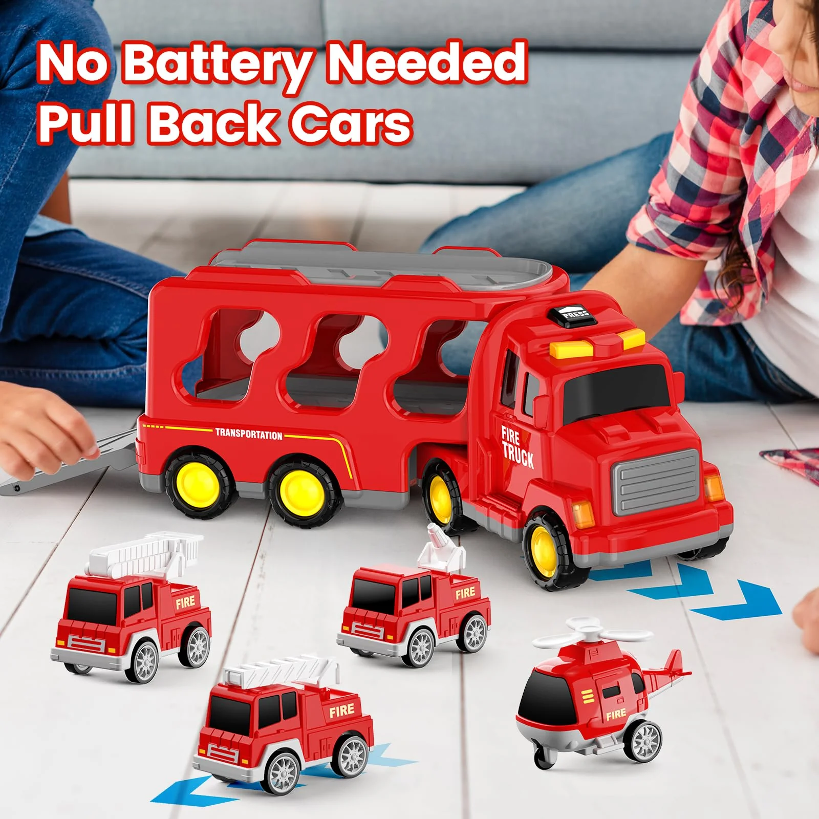 FunMission Toddlers Fire Truck for Kids 3-9 Year Old，5 in 1 Friction Power Vehicle Car for 3 4 5 6 7 Years Old Boys Girls，Carrier Truck Transport Toys for Christmas and Birthday Gifts - Image 3