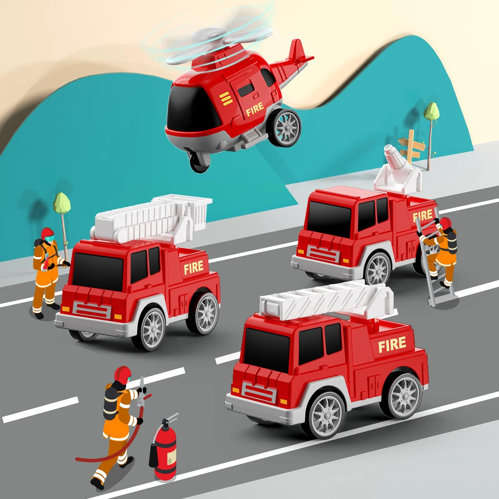 FunMission Toddlers Fire Truck for Kids 3-9 Year Old，5 in 1 Friction Power Vehicle Car for 3 4 5 6 7 Years Old Boys Girls，Carrier Truck Transport Toys for Christmas and Birthday Gifts - Image 4