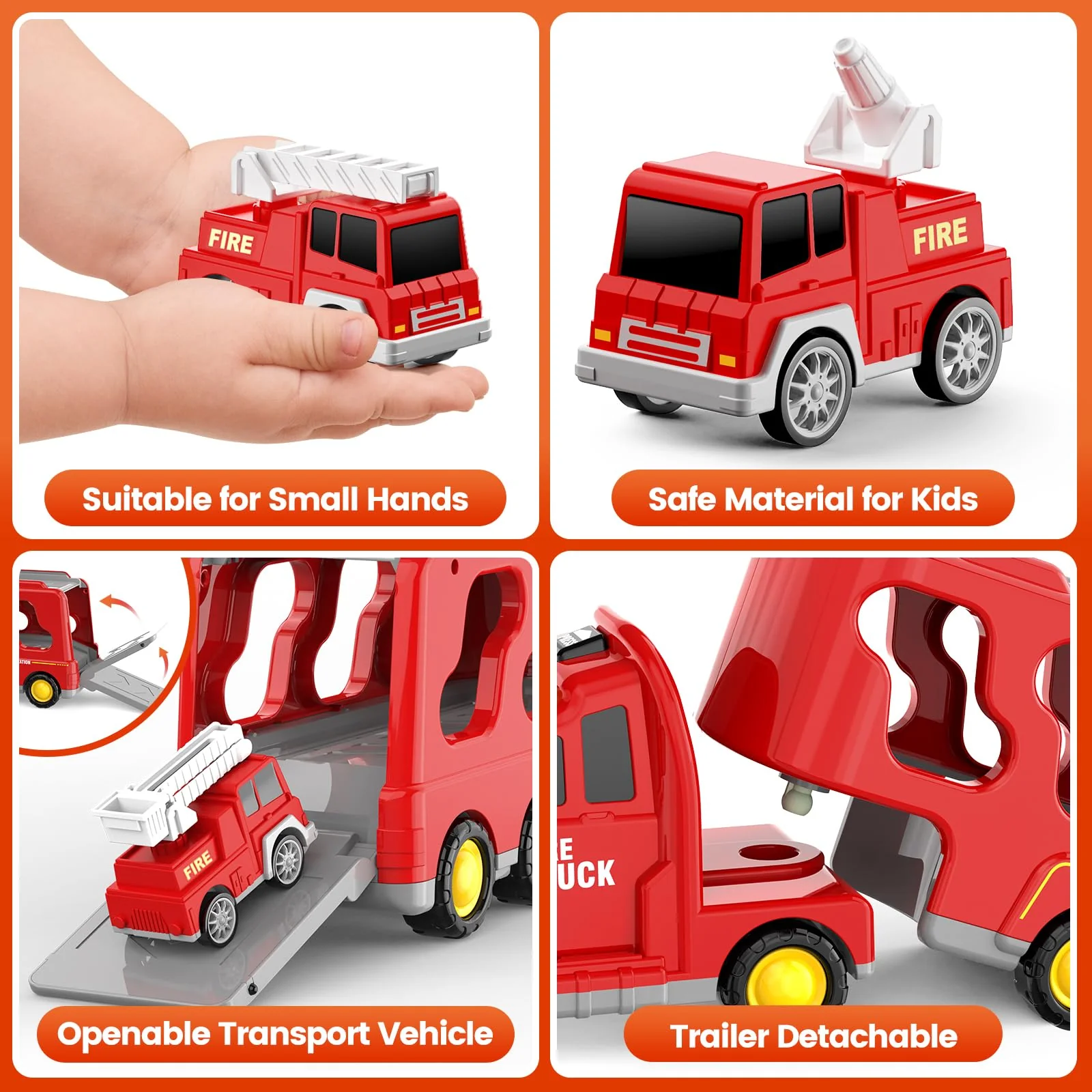 FunMission Toddlers Fire Truck for Kids 3-9 Year Old，5 in 1 Friction Power Vehicle Car for 3 4 5 6 7 Years Old Boys Girls，Carrier Truck Transport Toys for Christmas and Birthday Gifts - Image 5
