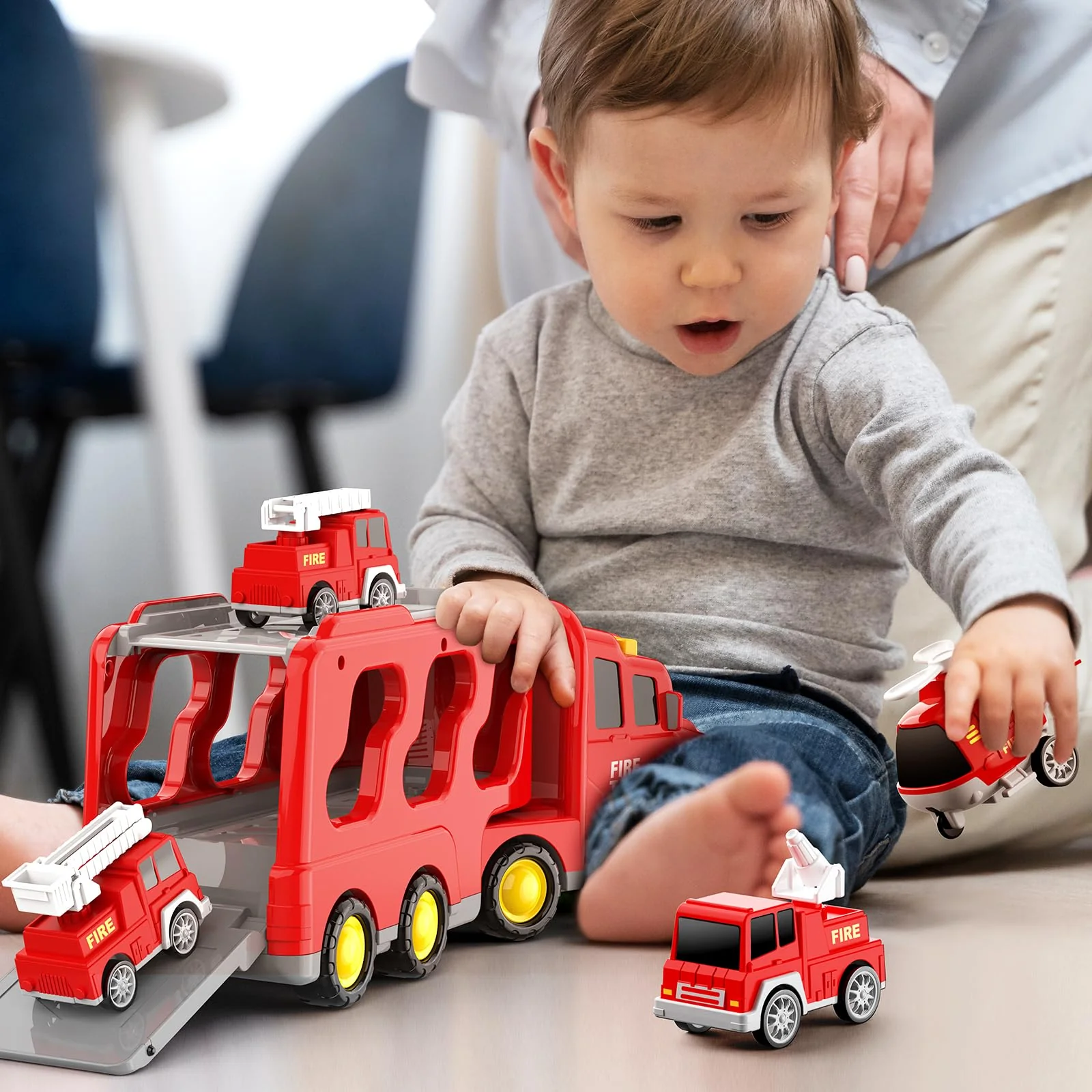 FunMission Toddlers Fire Truck for Kids 3-9 Year Old，5 in 1 Friction Power Vehicle Car for 3 4 5 6 7 Years Old Boys Girls，Carrier Truck Transport Toys for Christmas and Birthday Gifts - Image 7