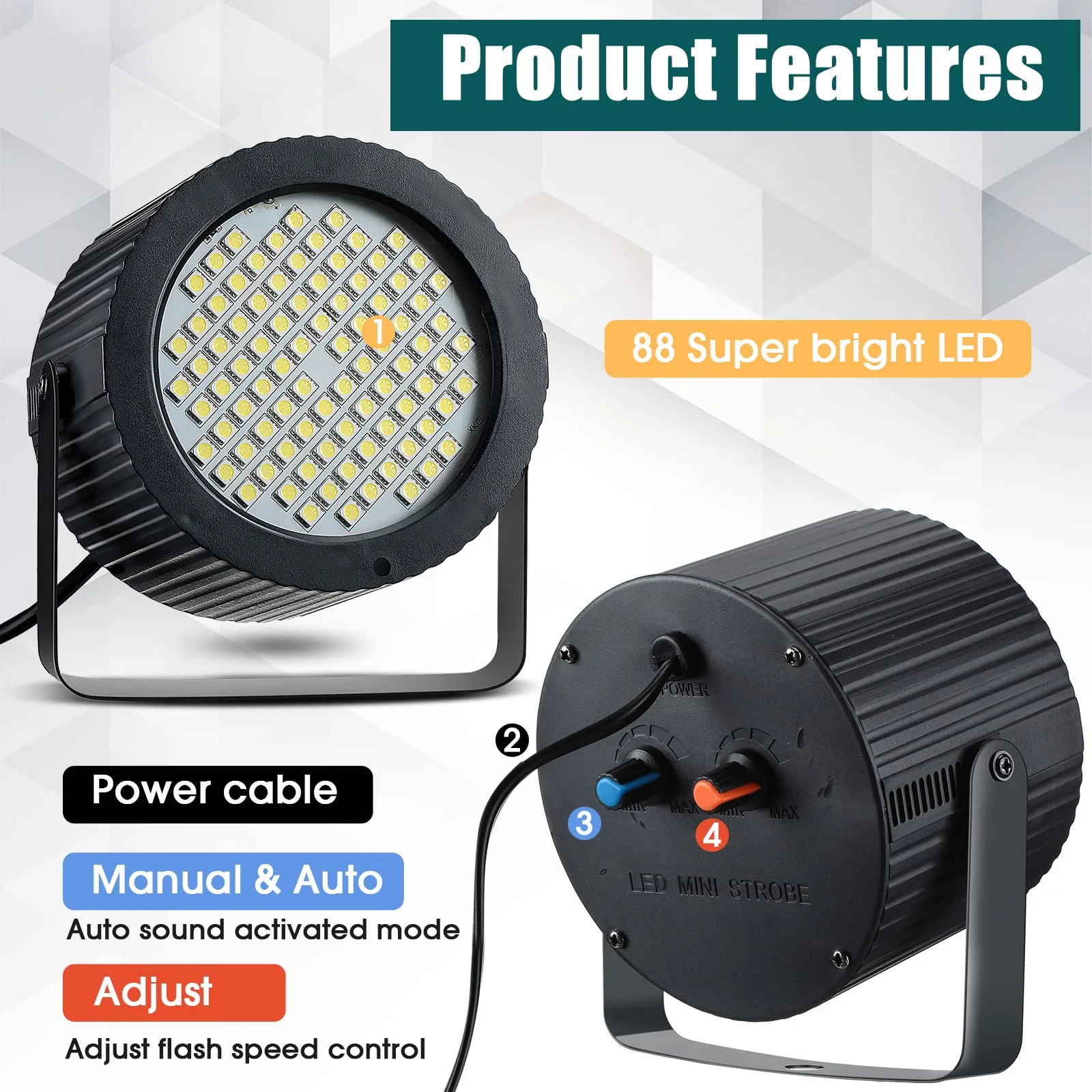 Funtery 2 Pcs Bright Halloween Strobe Light 88 LEDs Flash Party Lighting Sound and Speed Modes Flashing Stage Lights for Christmas Birthday Party Room Dance DJ Bar Karaoke Show Wedding(White) - Image 6