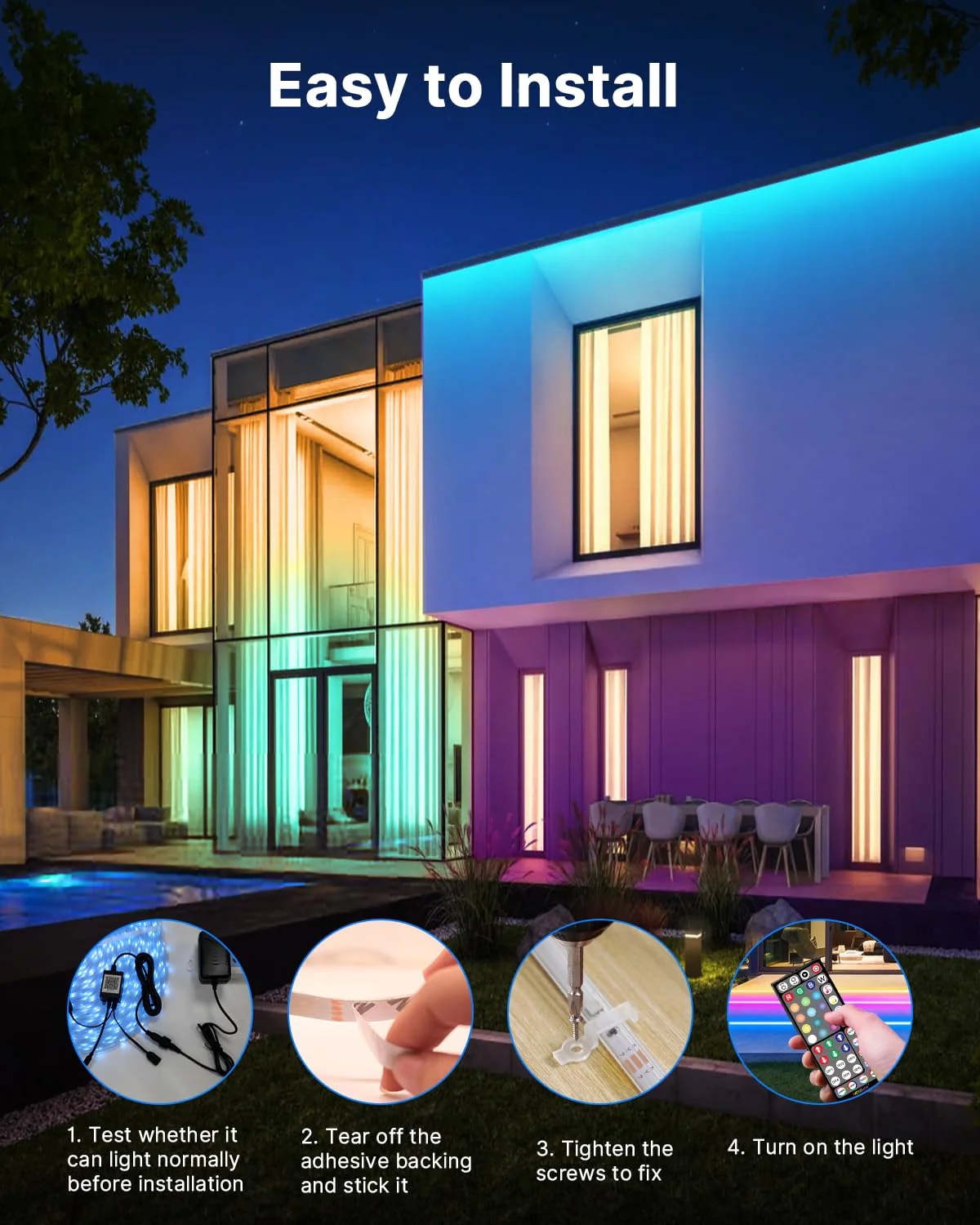 Fussion Outdoor LED Strip Lights Waterproof 100FT (2 Rolls of 50ft) IP67 LED Light Strips with Remote, RGB Color Changing Christmas House Rope Lighting for Outside - Image 4