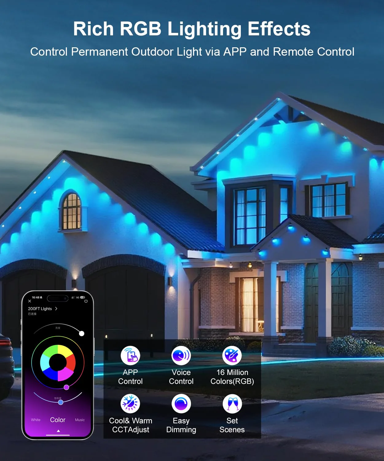 Fussion Permanent Outdoor Lights for House, 150ft RGB Halloween House Lights Outdoor with APP Remote Control, IP67 Waterproof Smart Eternity Eaves Lighting for Christmas, Holiday, Party, Daily - Image 5