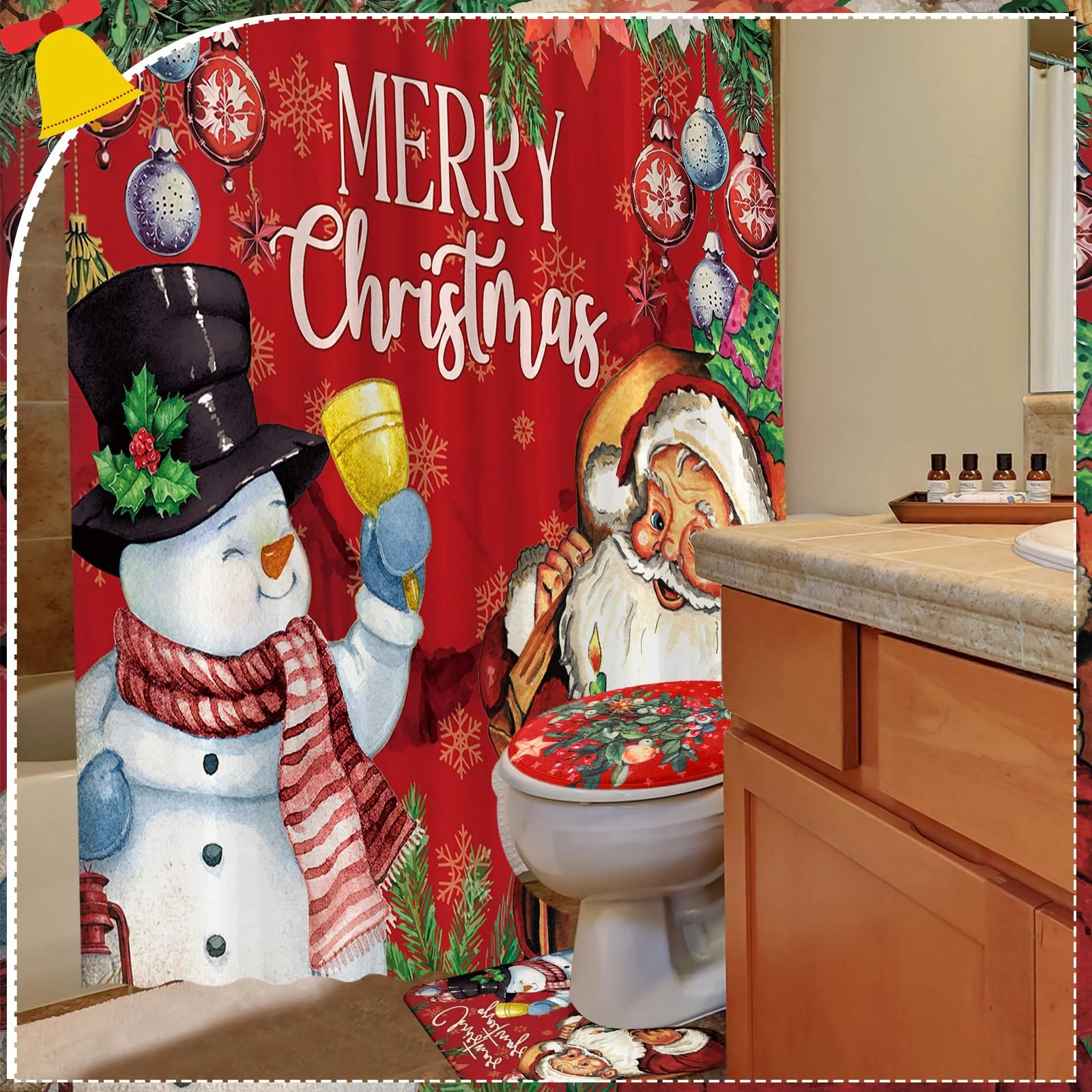 FuWeave 8 Pcs Christmas Shower Curtain Set Xmas Santa Bathroom Decoration Christmas Tree Hand Towels Snowman Toilet Lid Cover Bathroom Rugs Xmas Shower Curtain with Hooks(Snowman Style) - Image 2