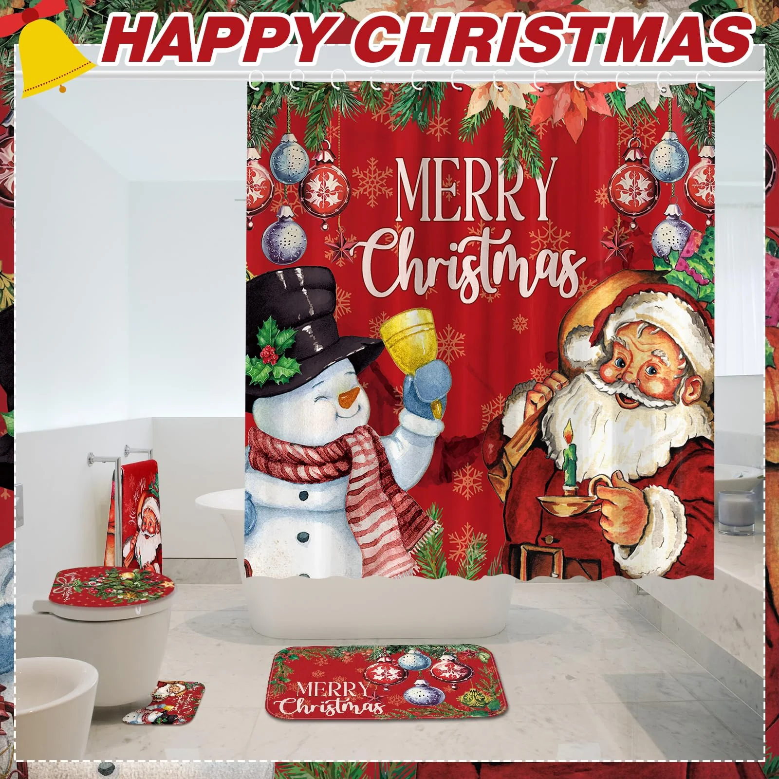 FuWeave 8 Pcs Christmas Shower Curtain Set Xmas Santa Bathroom Decoration Christmas Tree Hand Towels Snowman Toilet Lid Cover Bathroom Rugs Xmas Shower Curtain with Hooks(Snowman Style) - Image 3