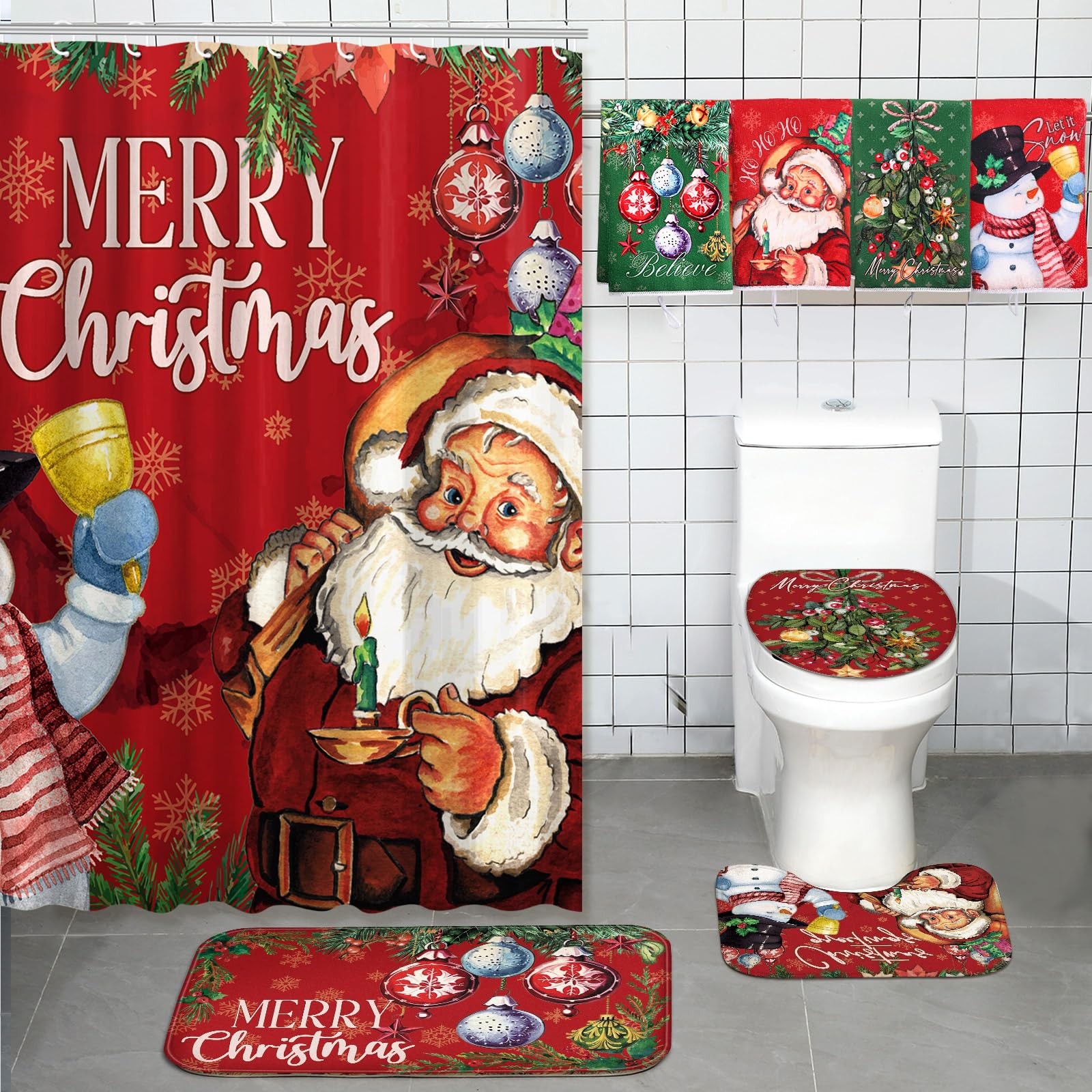 FuWeave 8 Pcs Christmas Shower Curtain Set Xmas Santa Bathroom Decoration Christmas Tree Hand Towels Snowman Toilet Lid Cover Bathroom Rugs Xmas Shower Curtain with Hooks(Snowman Style) - Image 4