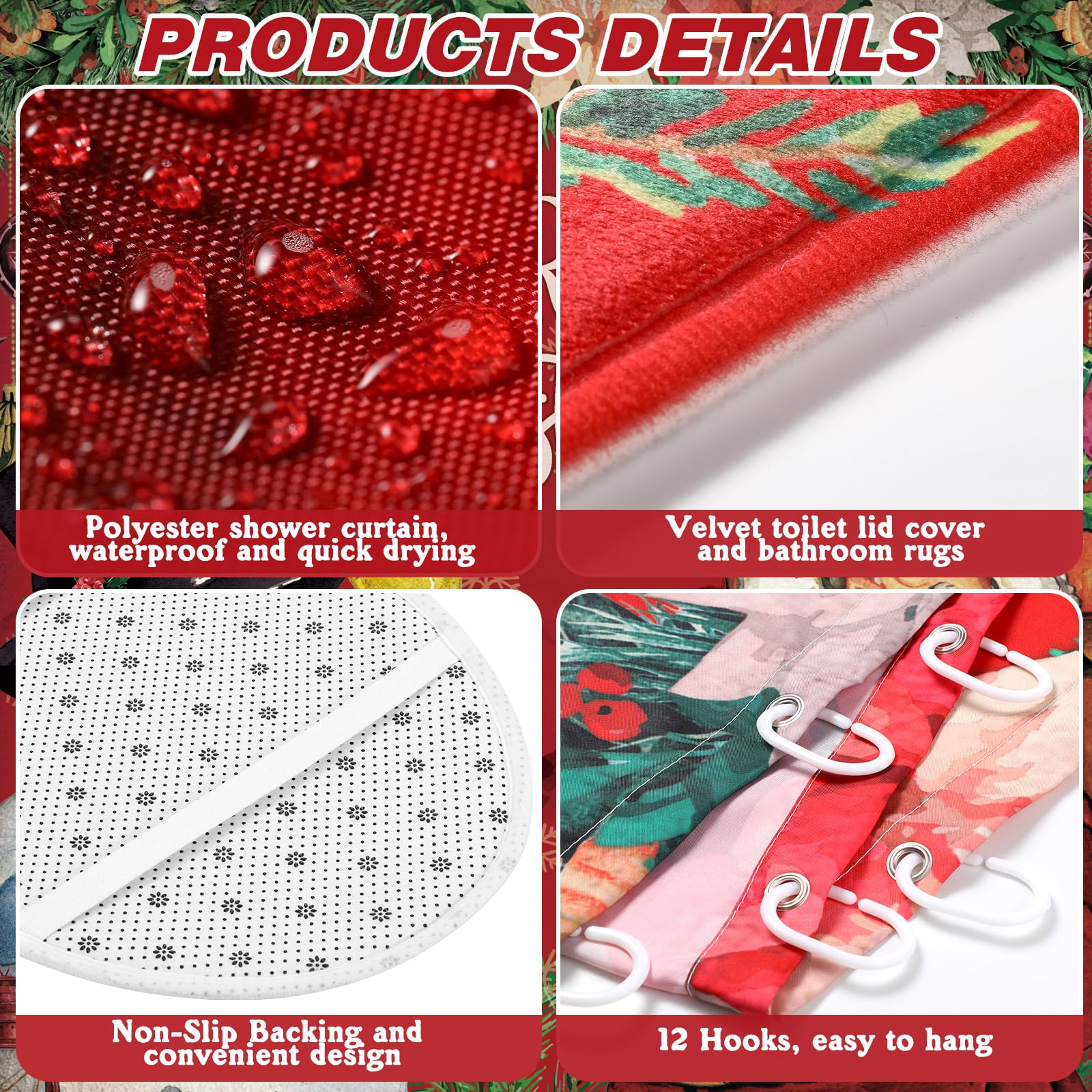 FuWeave 8 Pcs Christmas Shower Curtain Set Xmas Santa Bathroom Decoration Christmas Tree Hand Towels Snowman Toilet Lid Cover Bathroom Rugs Xmas Shower Curtain with Hooks(Snowman Style) - Image 6