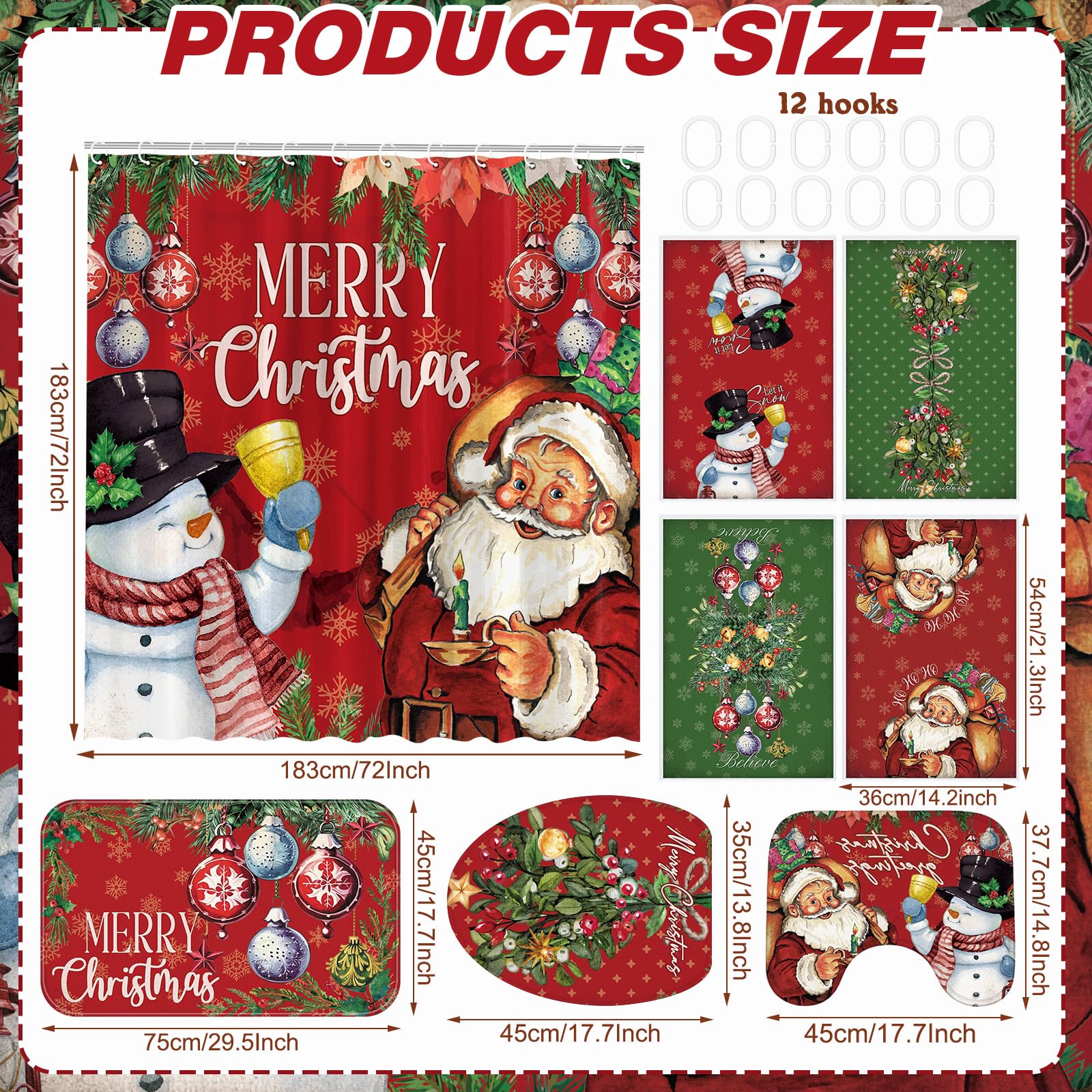 FuWeave 8 Pcs Christmas Shower Curtain Set Xmas Santa Bathroom Decoration Christmas Tree Hand Towels Snowman Toilet Lid Cover Bathroom Rugs Xmas Shower Curtain with Hooks(Snowman Style) - Image 7