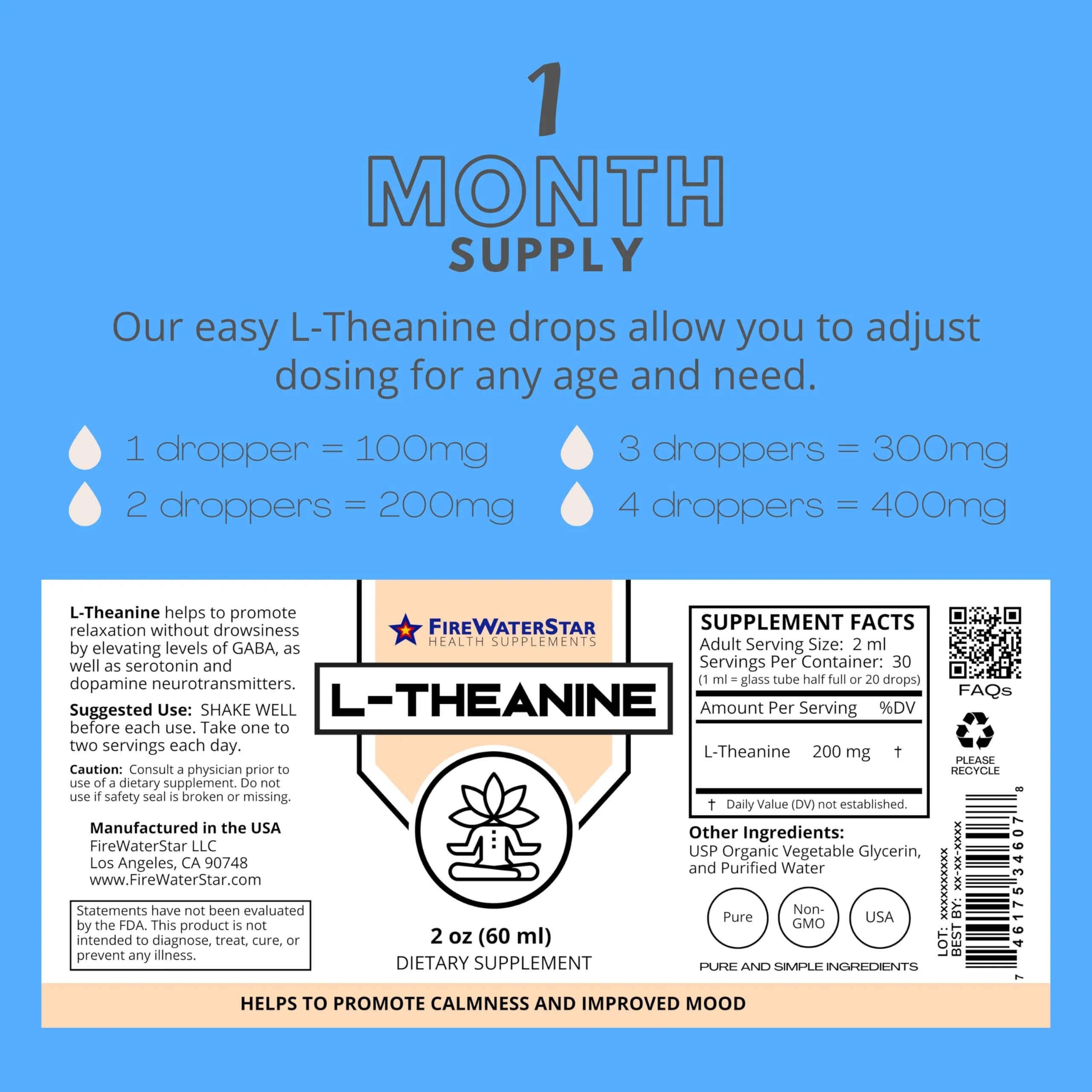 FWS L Theanine Liquid Drops, 200mg 99% Pure Bioactive L-Theanine, Organic, Natural, Vegan, Non GMO Helps to Promote Calmness, Relaxation, Improved Mood, Restful Sleep, for Adults and Kids - Image 3