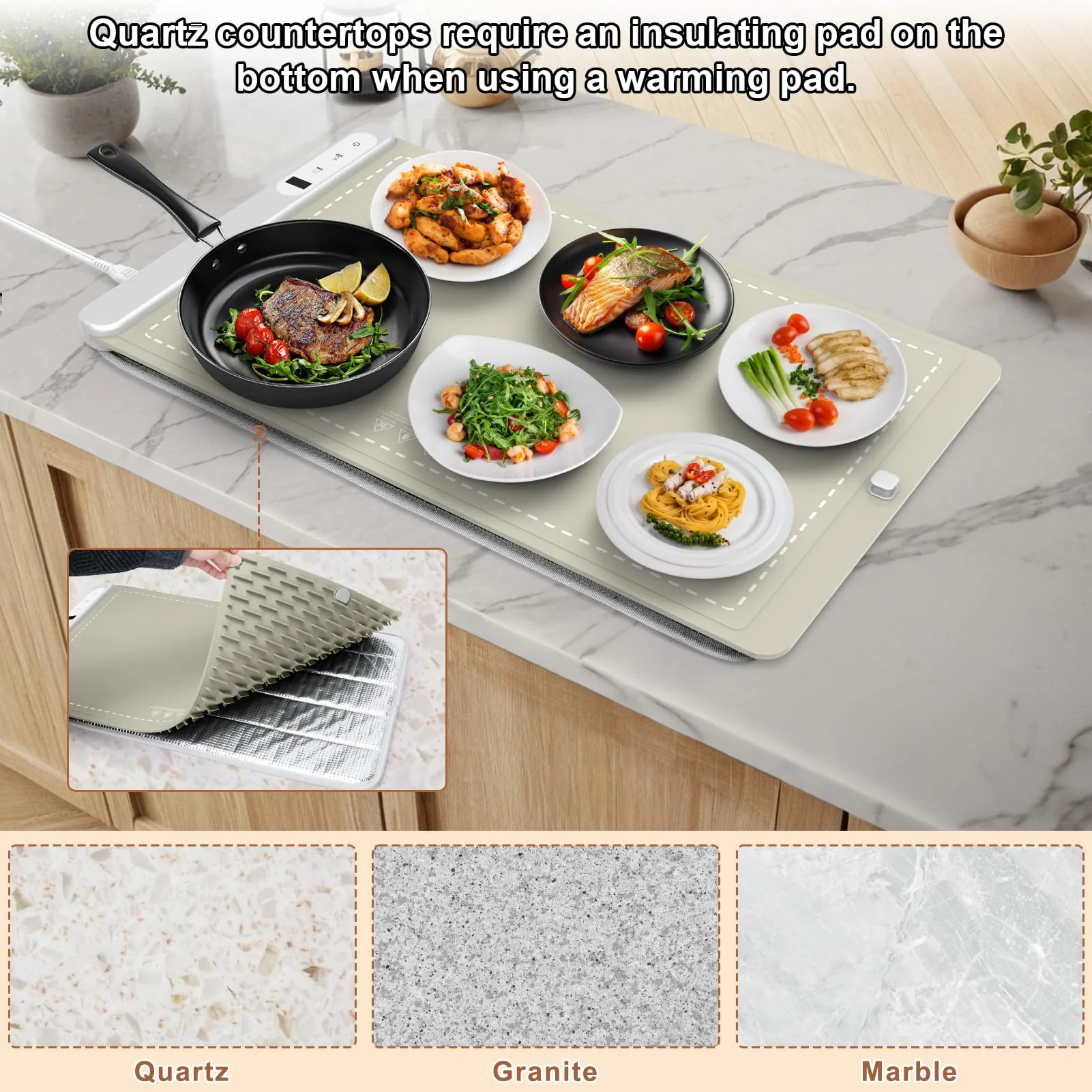 FYY Warming Mat for Food - Rapid and Full Surface Heating, 6 Temp Settings, 6H Timer, Rollable Portable Food Warming Mat, Ideal for Gatherings, Parties, Keep Meal Warm (X Large Size, Khaki) - Image 2