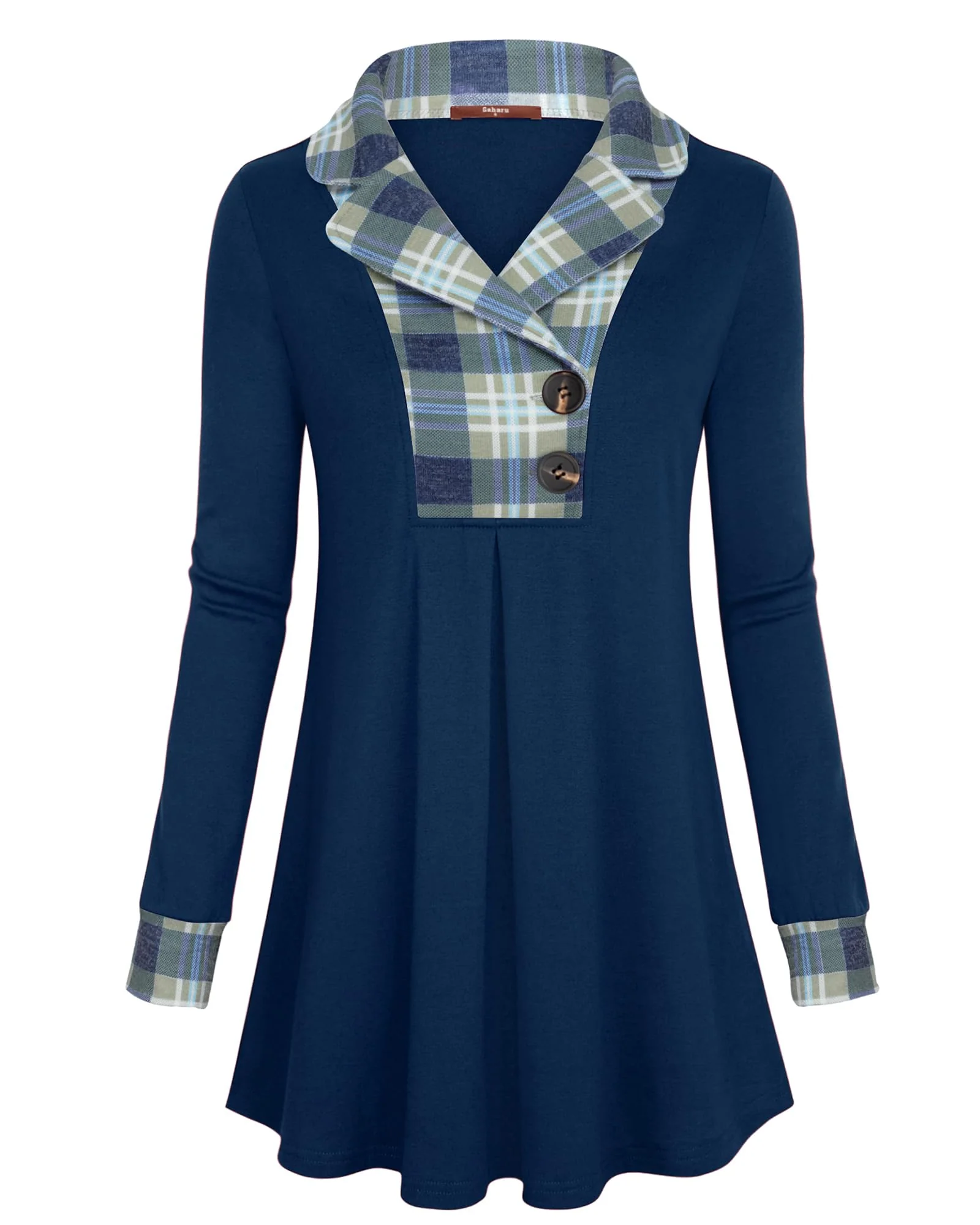 Gaharu Women Tunics: Warm Collared Button Lapel - Winter Sweatshirts Long Sleeve Sweater Shirts - Flowy Long Blouse Christmas Business Casual Plaid Tunic Tops for Leggings Blue Green Plaid XL - Image 4