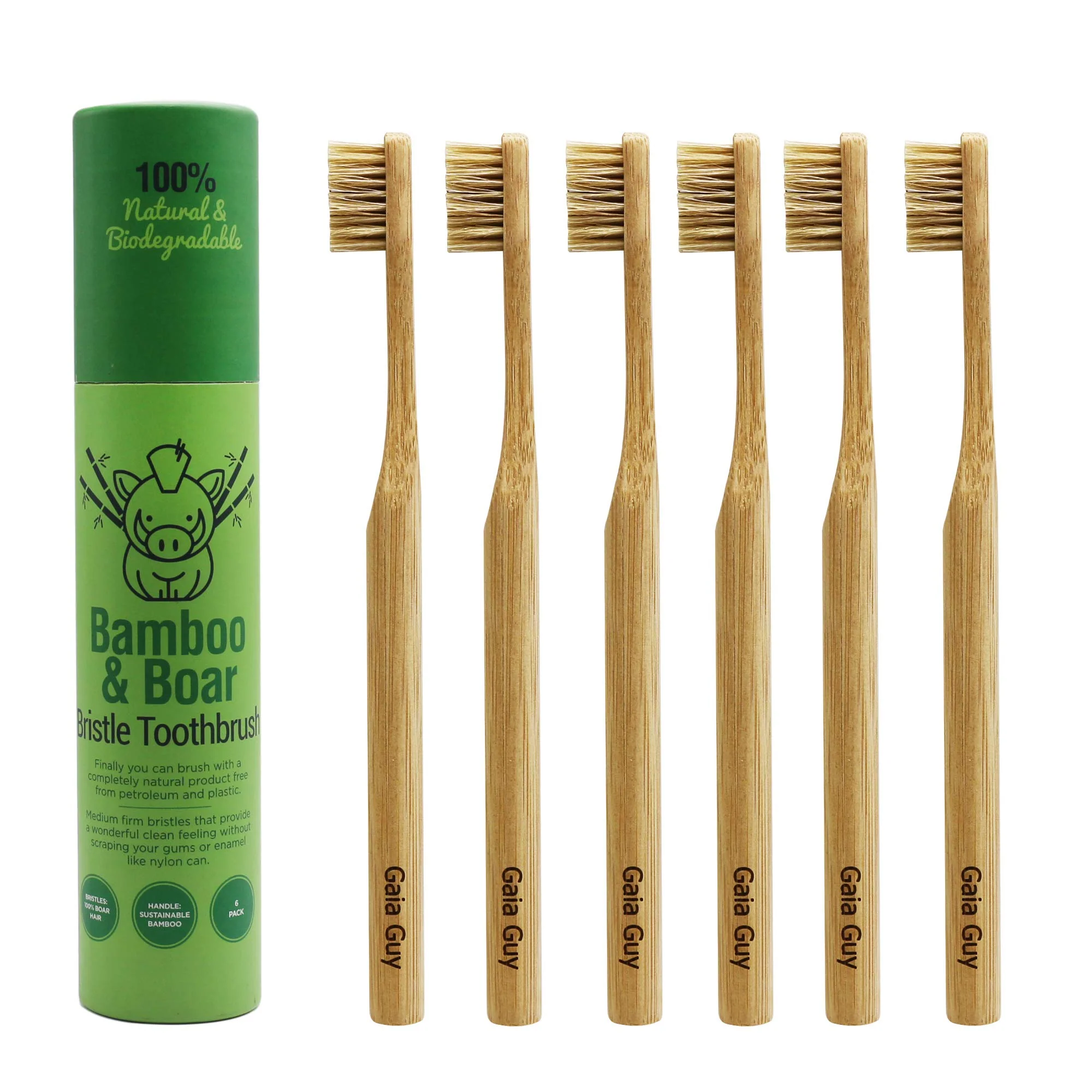 Gaia Guy Natural Bristle Bamboo Toothbrush (NO Nylon - Boar Hair ONLY) - Totally Compostable & Biodegradable Boar Bristle and Bamboo Toothbrushes - Zero Waste - 6-Pack