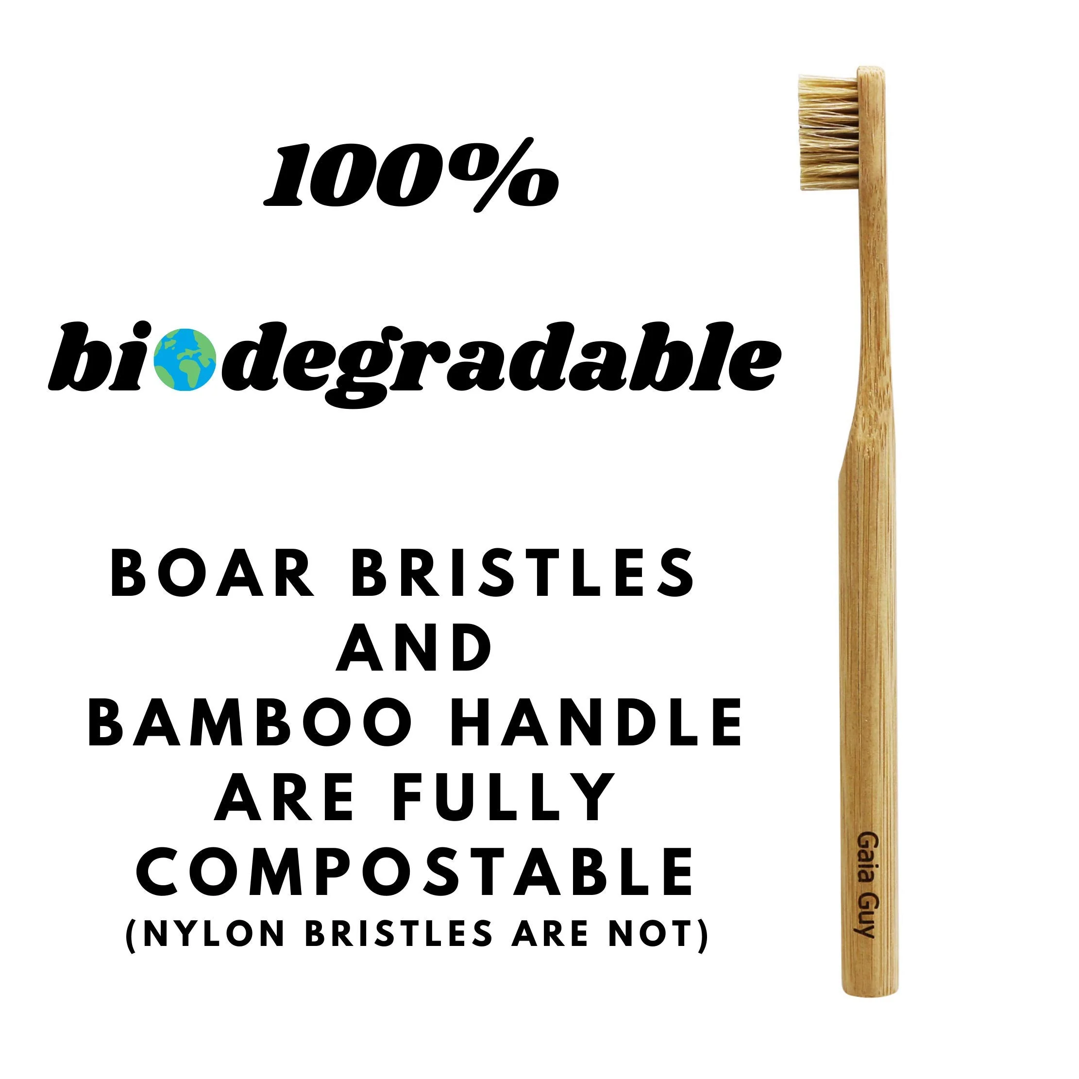 Gaia Guy Natural Bristle Bamboo Toothbrush (NO Nylon - Boar Hair ONLY) - Totally Compostable & Biodegradable Boar Bristle and Bamboo Toothbrushes - Zero Waste - 6-Pack - Image 6
