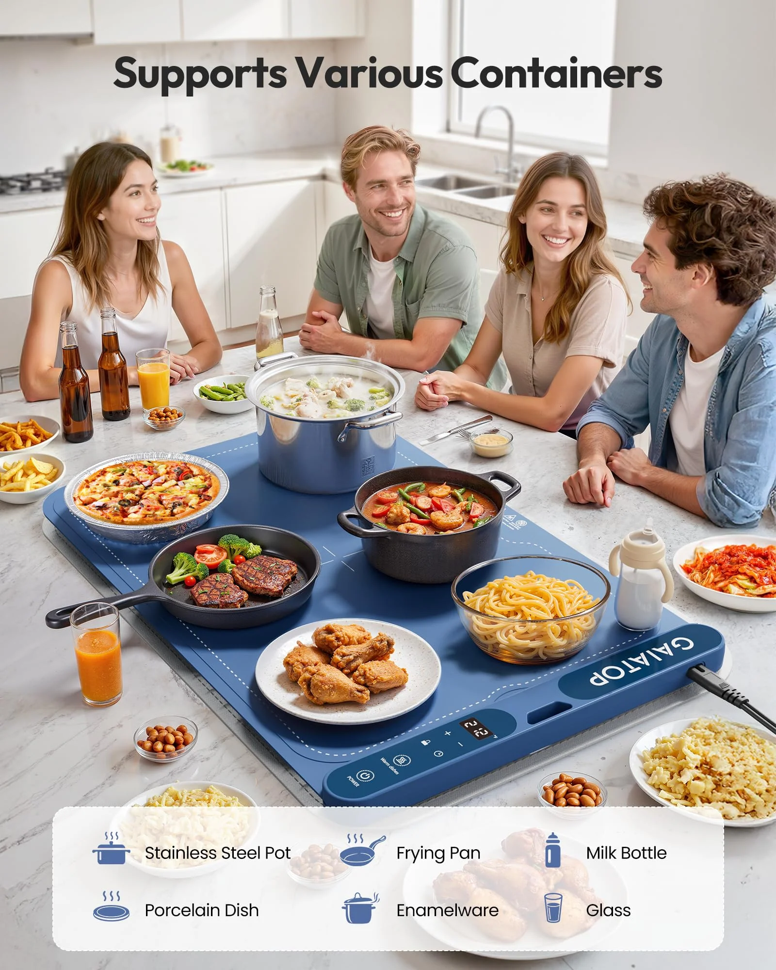 Gaiatop Food Warming Mat, Fast-Heating Silicone Electric Warming Tray with Heat Insulating Pad, 7-Level Temp 8h Timer Food Warmer Mat, Portable Heating Mat for Countertop Gatherings Party Home, Blue - Image 4