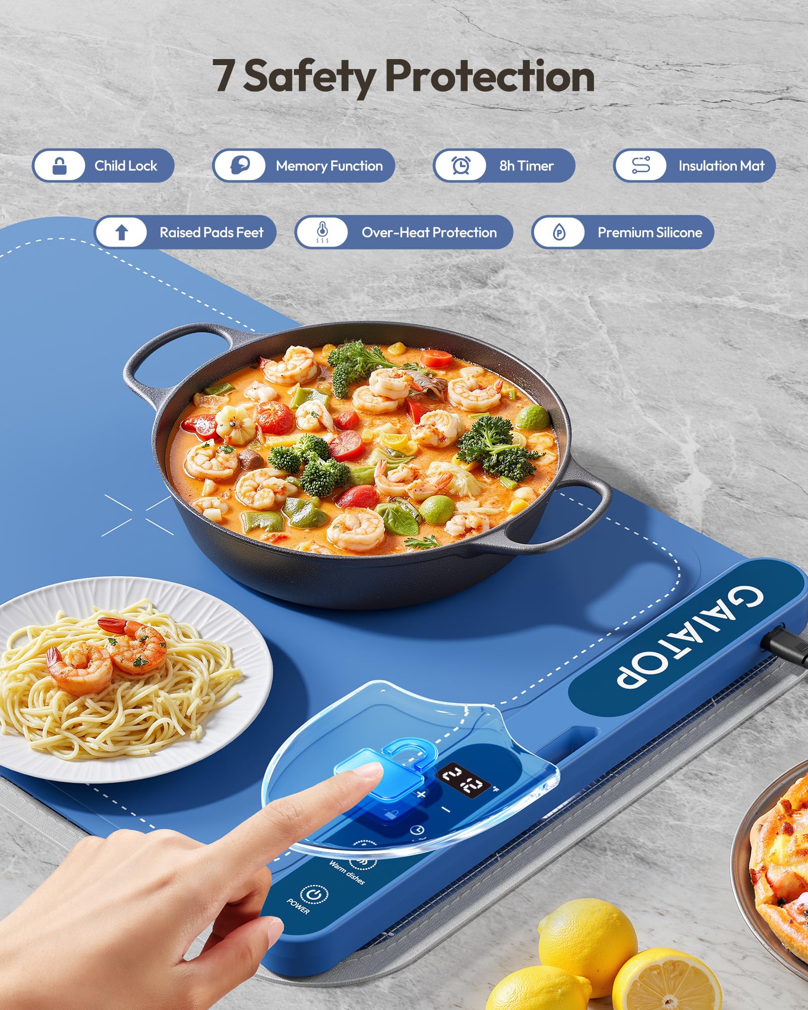 Gaiatop Food Warming Mat, Fast-Heating Silicone Electric Warming Tray with Heat Insulating Pad, 7-Level Temp 8h Timer Food Warmer Mat, Portable Heating Mat for Countertop Gatherings Party Home, Blue - Image 5