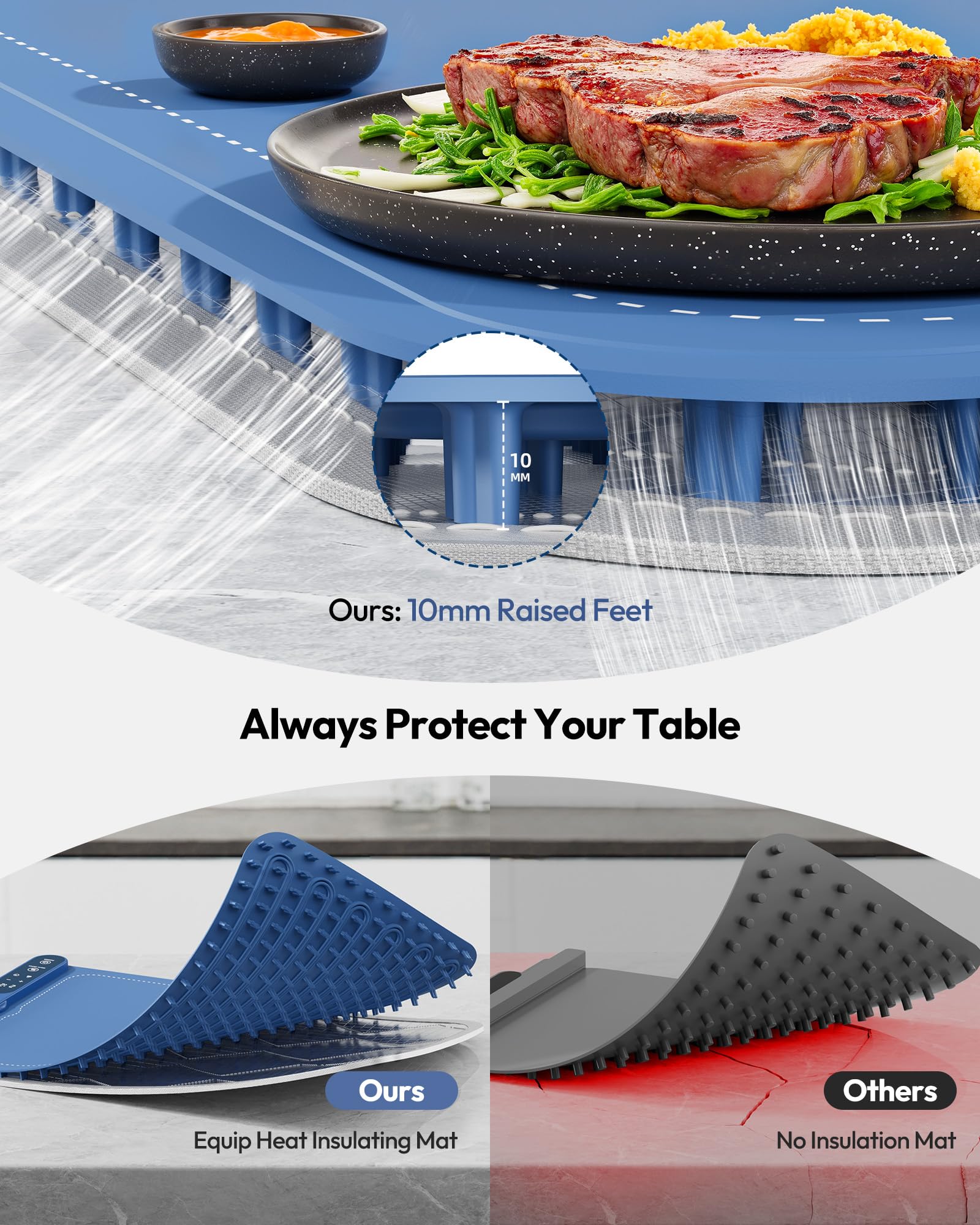 Gaiatop Food Warming Mat, Fast-Heating Silicone Electric Warming Tray with Heat Insulating Pad, 7-Level Temp 8h Timer Food Warmer Mat, Portable Heating Mat for Countertop Gatherings Party Home, Blue - Image 6