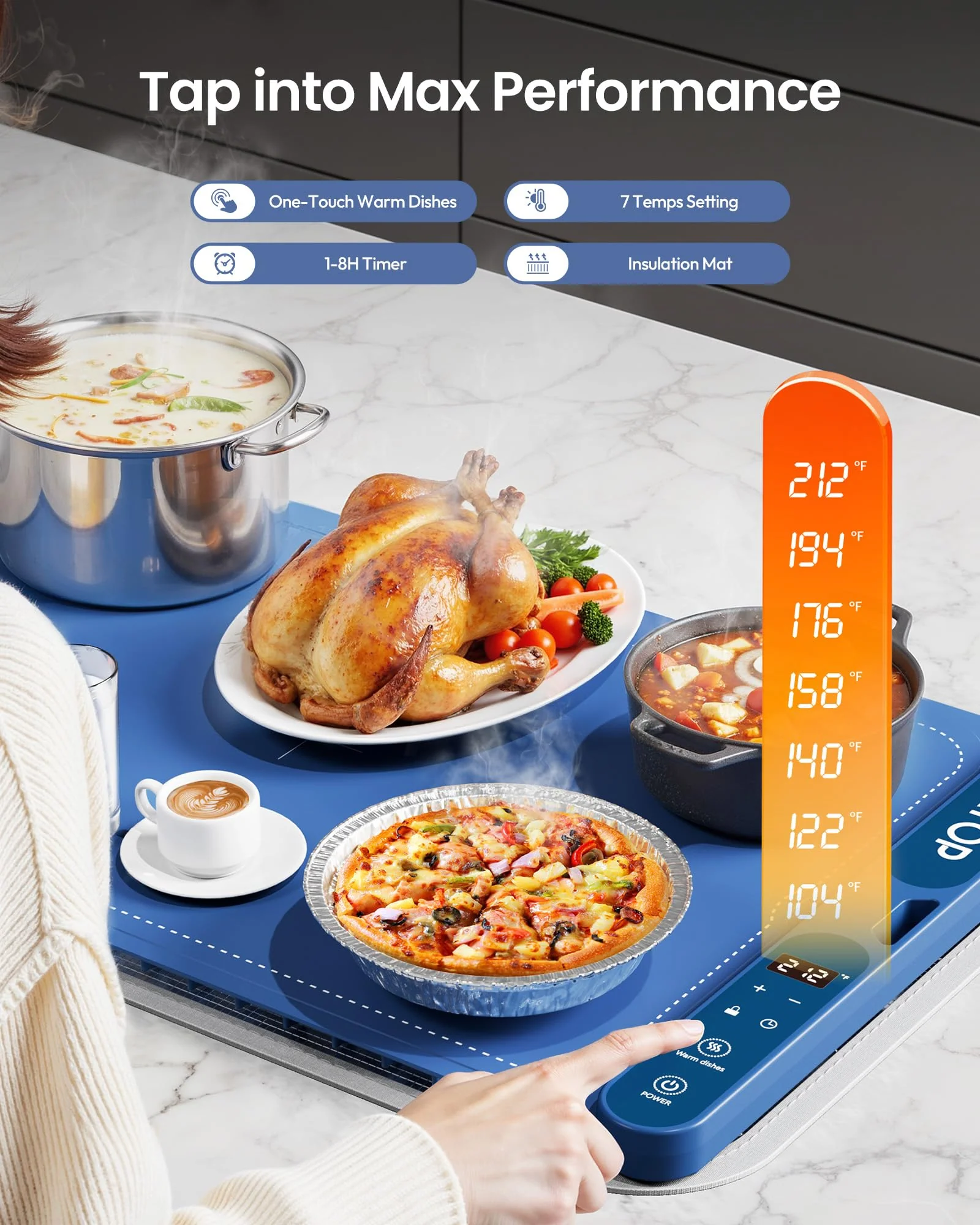 Gaiatop Food Warming Mat, Fast-Heating Silicone Electric Warming Tray with Heat Insulating Pad, 7-Level Temp 8h Timer Food Warmer Mat, Portable Heating Mat for Countertop Gatherings Party Home, Blue - Image 8