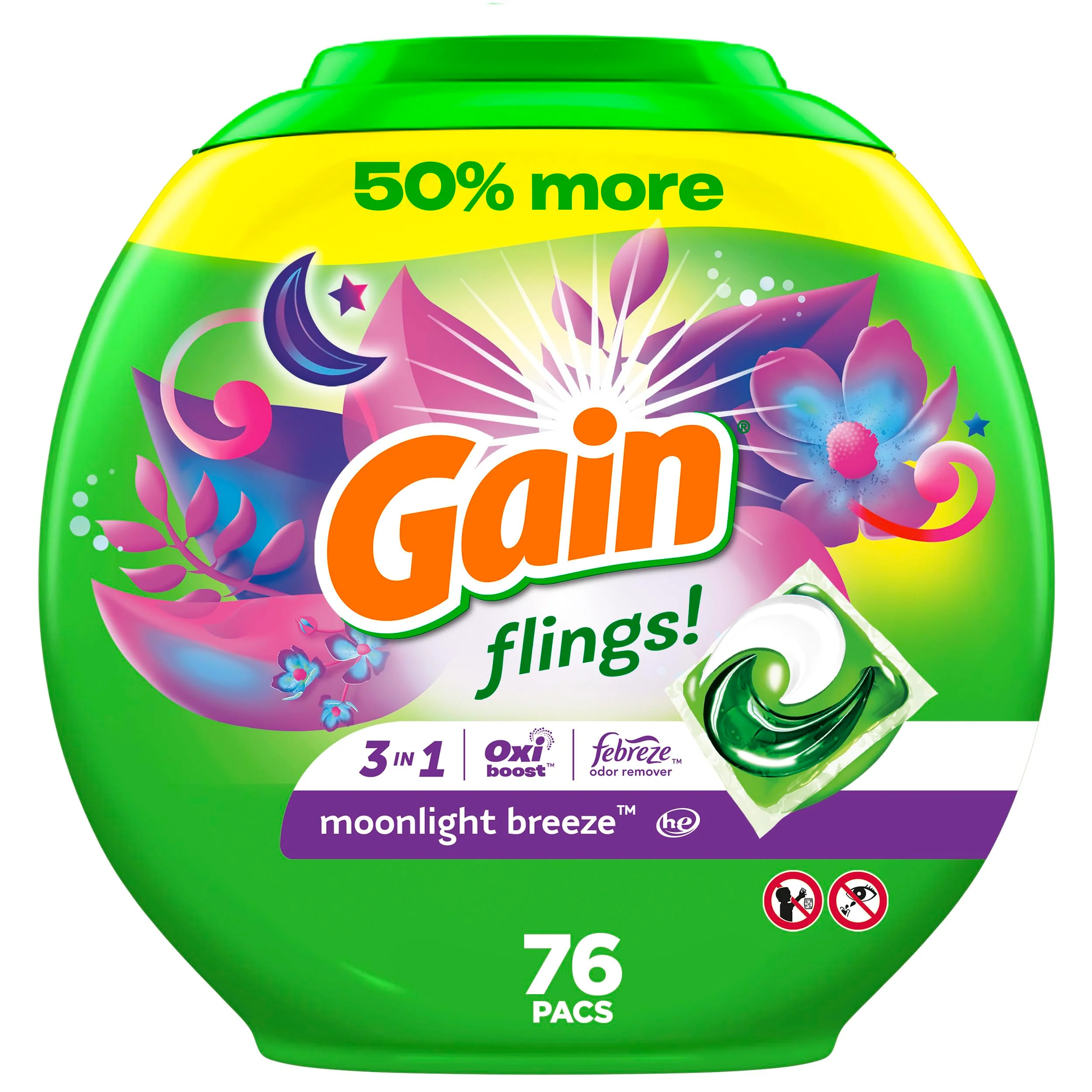 Gain flings Laundry Detergent Soap Pacs, HE Compatible, Long Lasting Scent, Moonlight Breeze Scent, 76 Count