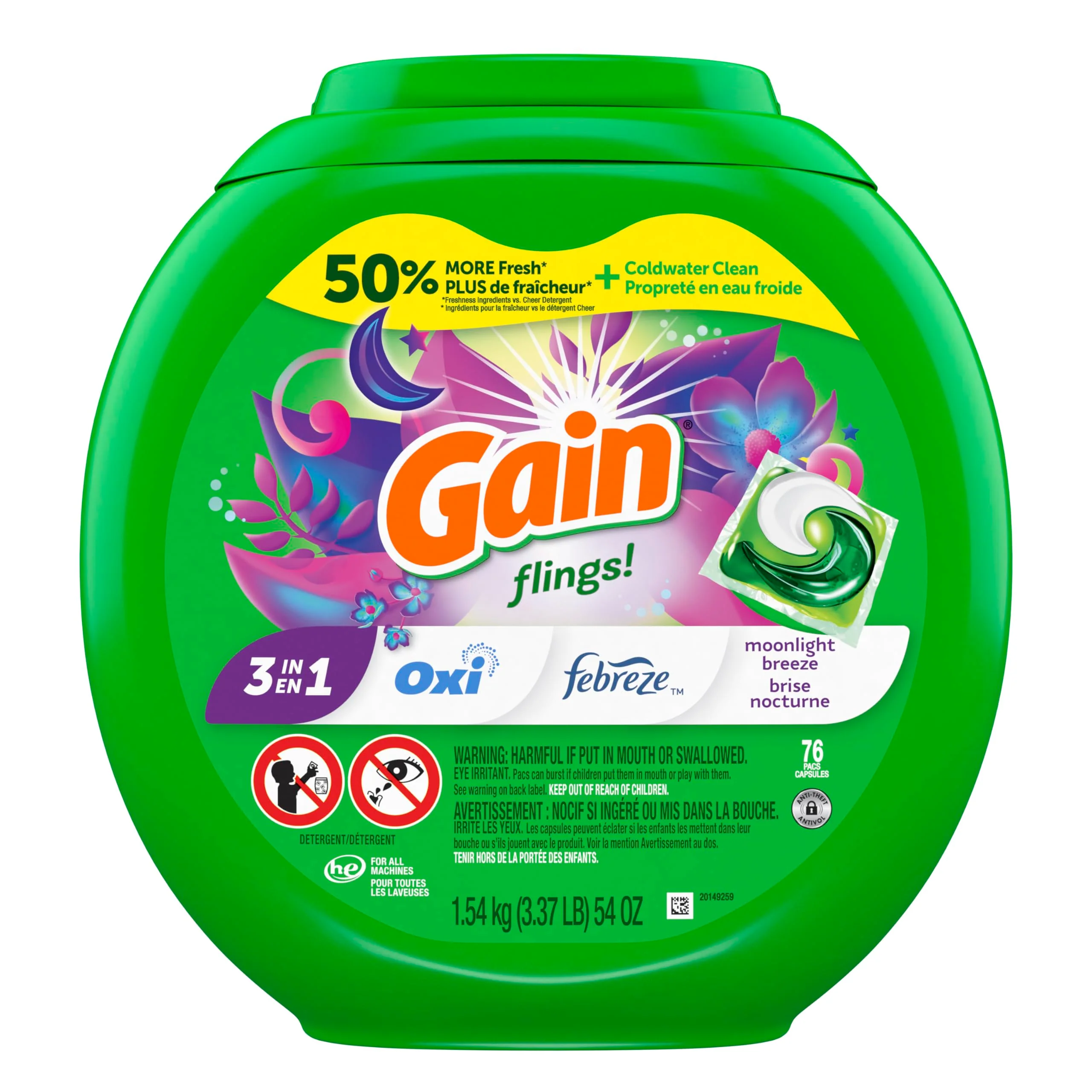 Gain flings Laundry Detergent Soap Pacs, HE Compatible, Long Lasting Scent, Moonlight Breeze Scent, 76 Count - Image 2