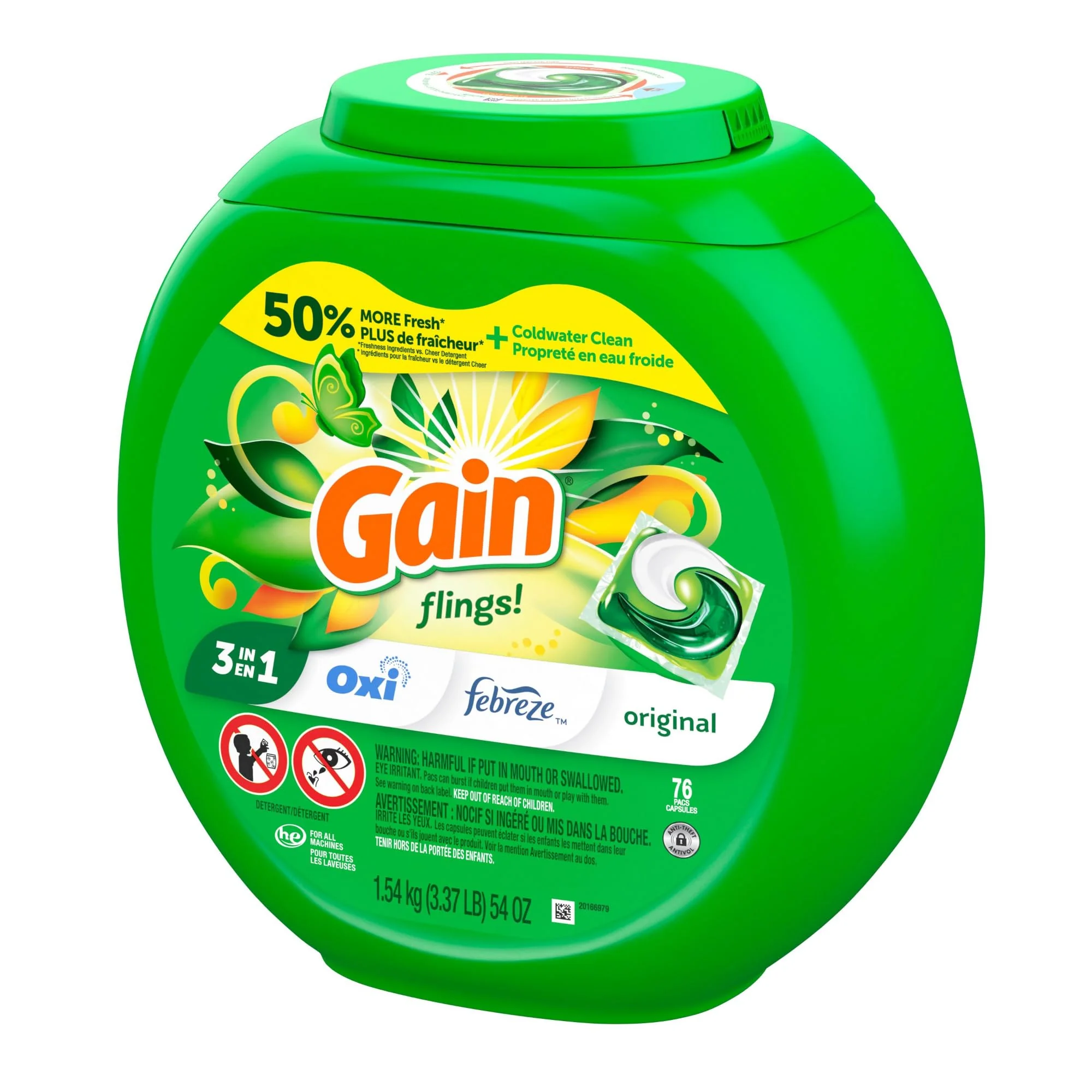 Gain flings Laundry Detergent Soap Pacs HE Compatible Long Lasting Scent, Original Scent, 76 Ct, Gain Laundry Detergent - Image 2