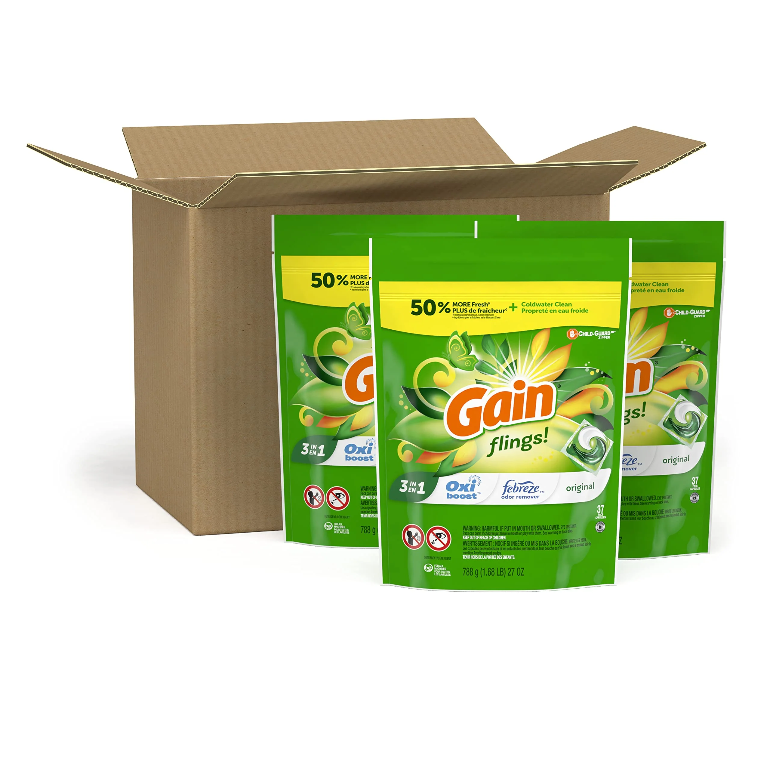 Gain flings! Liquid Laundry Detergent Soap Pacs, HE Compatible, 3 Bag Value Pack, 111 Count, Long Lasting Scent, Original Scent - Image 9