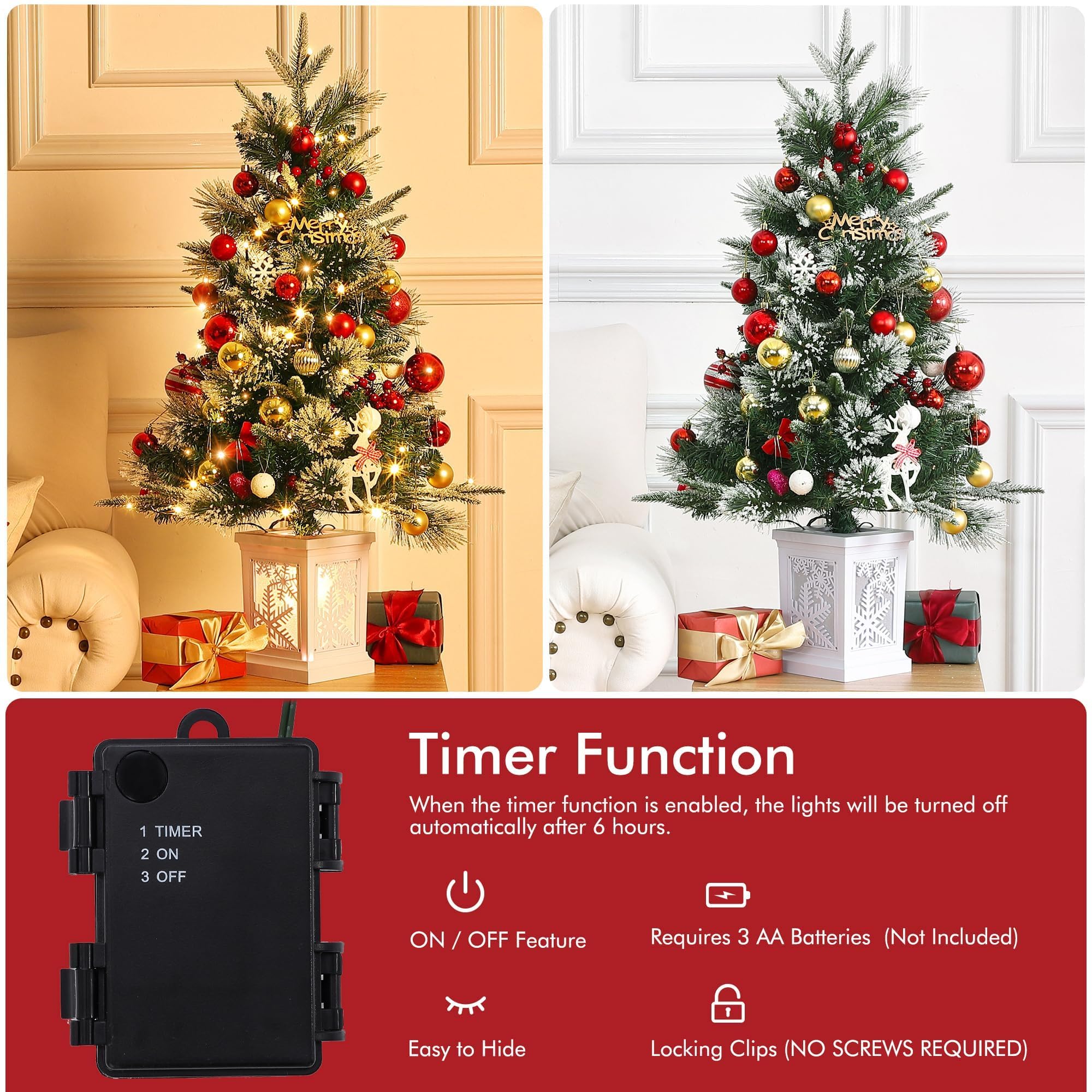 GAOMON 3 Ft Christmas Tree with 78 Led Lights, Pre-Lit Artificial Christmas Trees with Potted Base, Snow Flocked, Battery Operated, Xmas Tree for Home Decor - Image 2