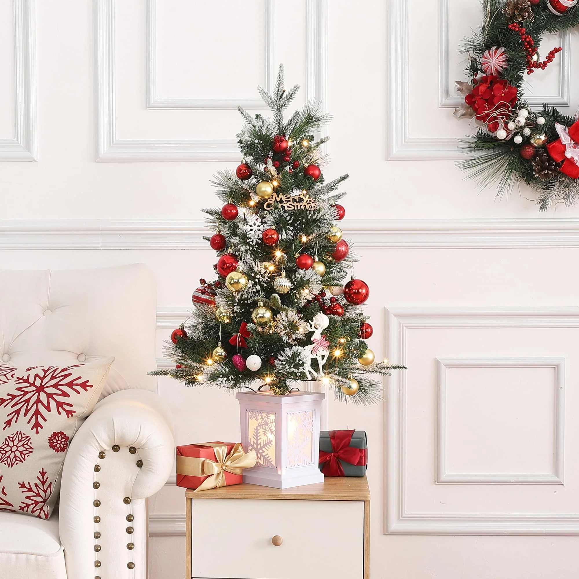 GAOMON 3 Ft Christmas Tree with 78 Led Lights, Pre-Lit Artificial Christmas Trees with Potted Base, Snow Flocked, Battery Operated, Xmas Tree for Home Decor - Image 3