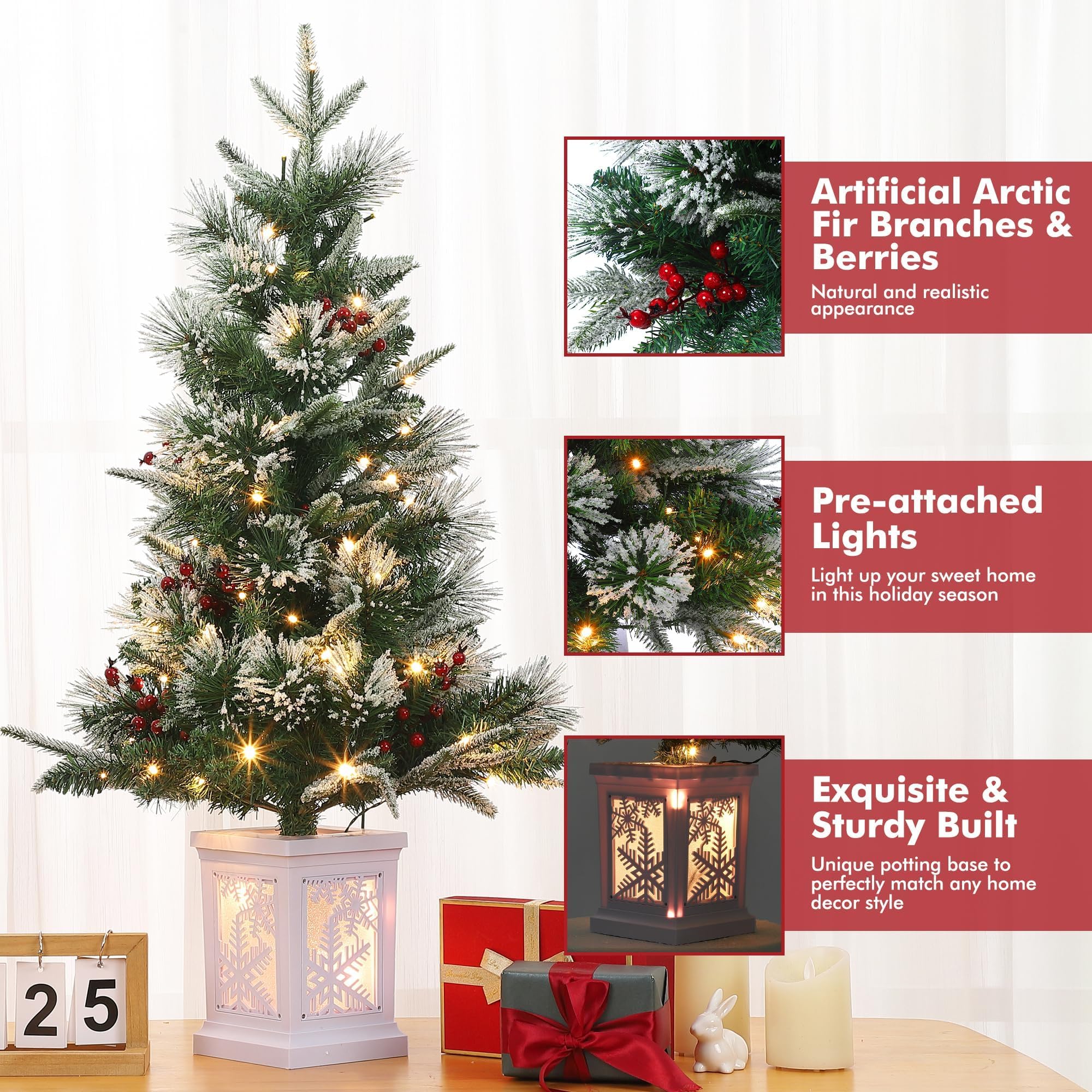 GAOMON 3 Ft Christmas Tree with 78 Led Lights, Pre-Lit Artificial Christmas Trees with Potted Base, Snow Flocked, Battery Operated, Xmas Tree for Home Decor - Image 5